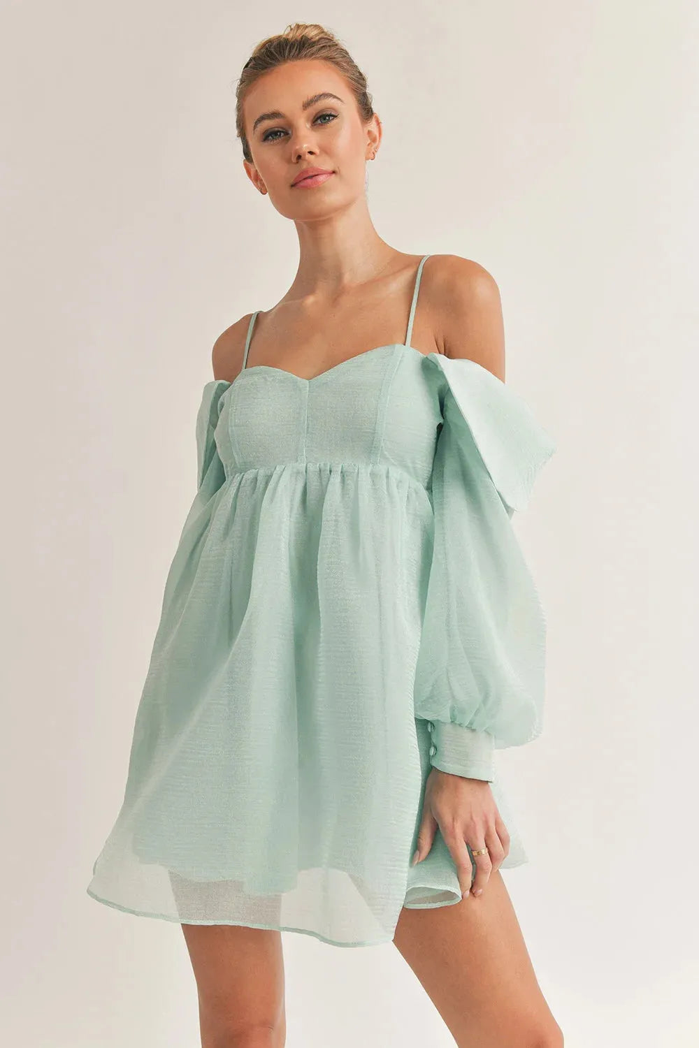 Bubble Long Sleeve Off Shoulder Smoked Back Mini Flare Dress Bubble Long Sleeve Off Shoulder Smoked Back Mini Flare Dress