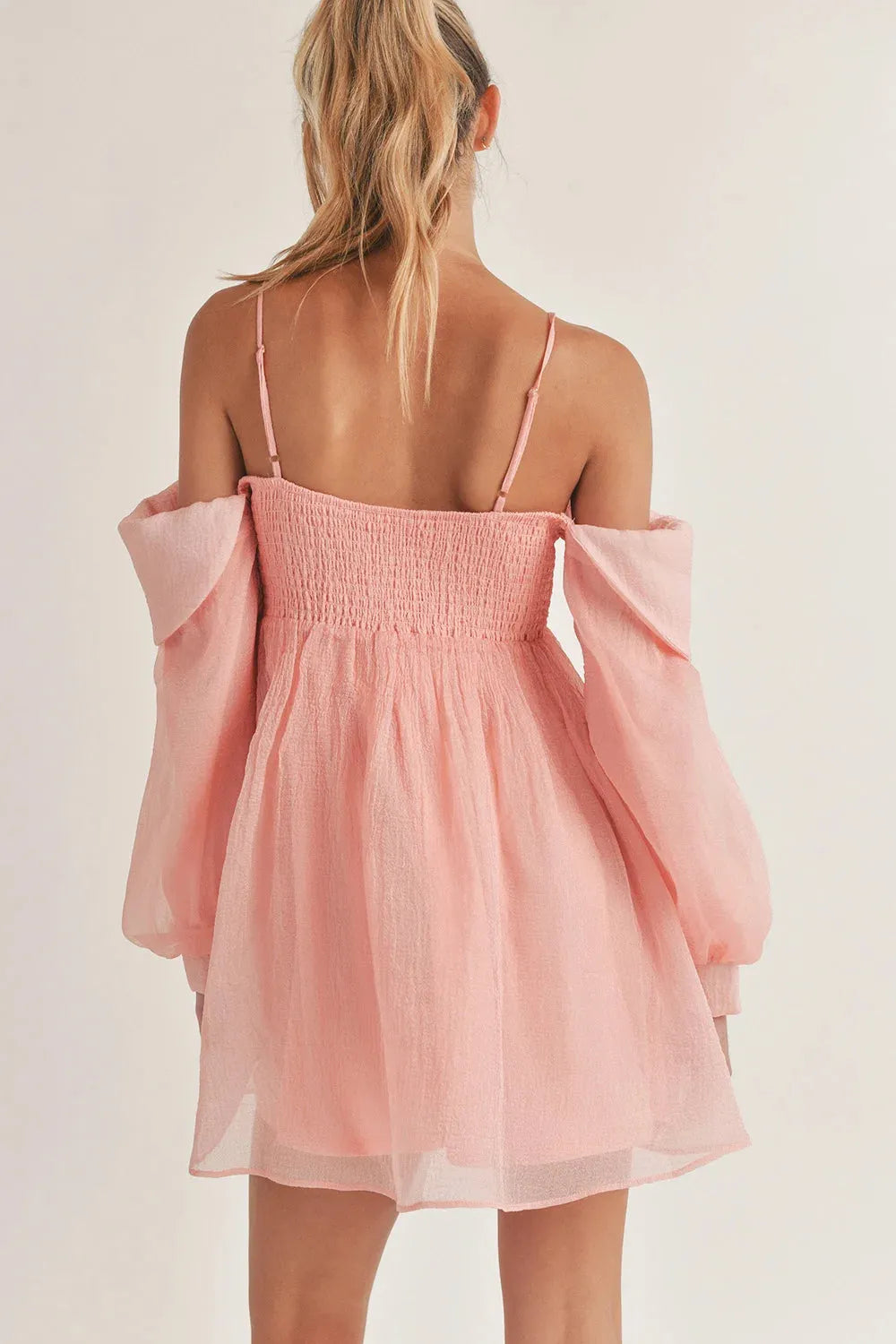 Bubble Long Sleeve Off Shoulder Smoked Back Mini Flare Dress Peach / S-M-L/3-2-1 Bubble Long Sleeve Off Shoulder Smoked Back Mini Flare Dress Peach / S-M-L/3-2-1