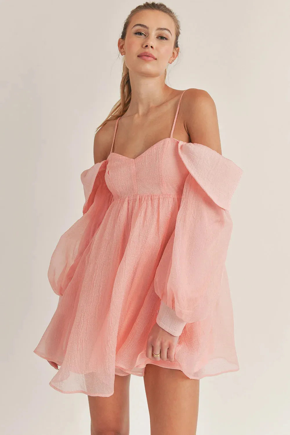 Bubble Long Sleeve Off Shoulder Smoked Back Mini Flare Dress Peach / S-M-L/3-2-1 Bubble Long Sleeve Off Shoulder Smoked Back Mini Flare Dress Peach / S-M-L/3-2-1