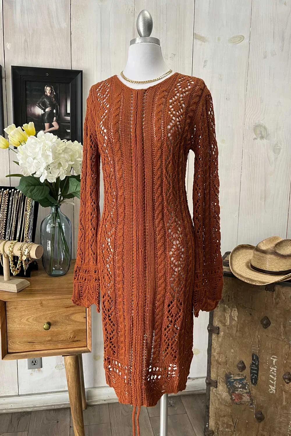 Crochet Cable Knit V-Neck Long Sleeve Eyelet Details Midi Dress