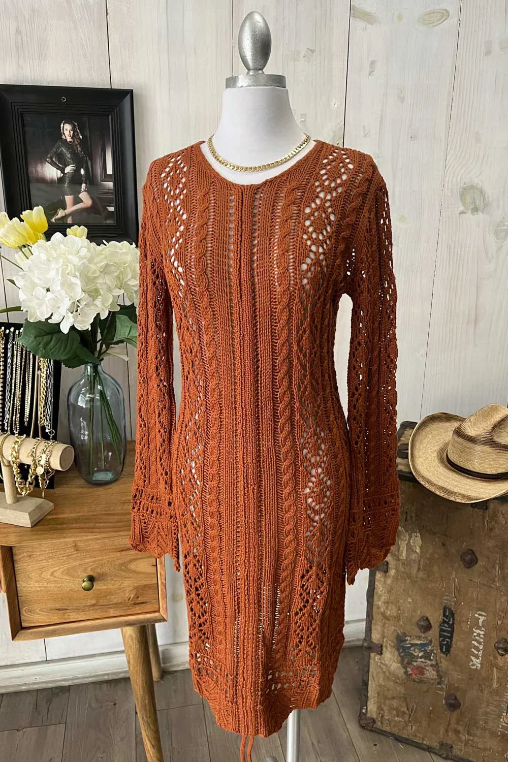 Crochet Cable Knit V-Neck Long Sleeve Eyelet Details Midi Dress