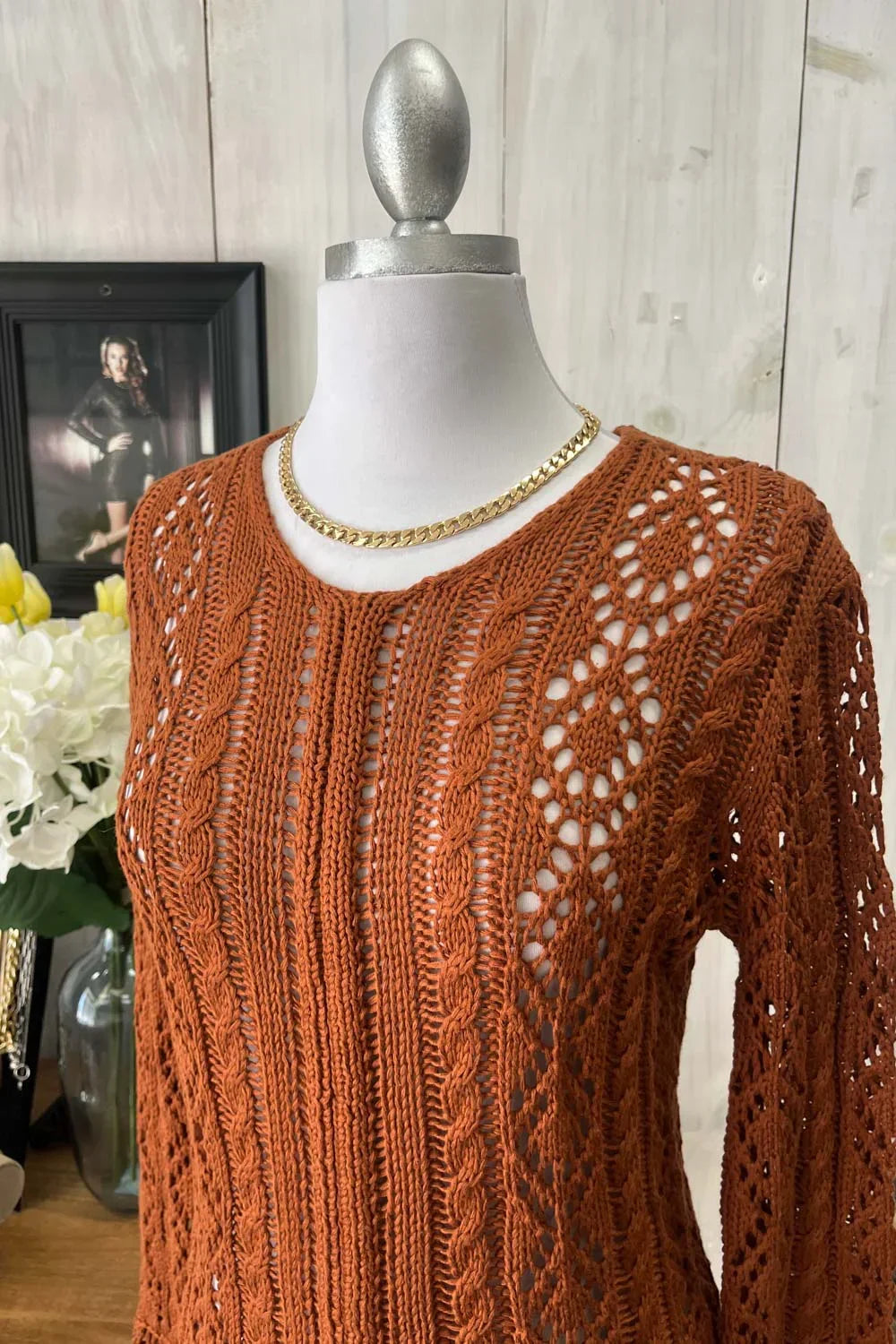 Crochet Cable Knit V-Neck Long Sleeve Eyelet Details Midi Dress