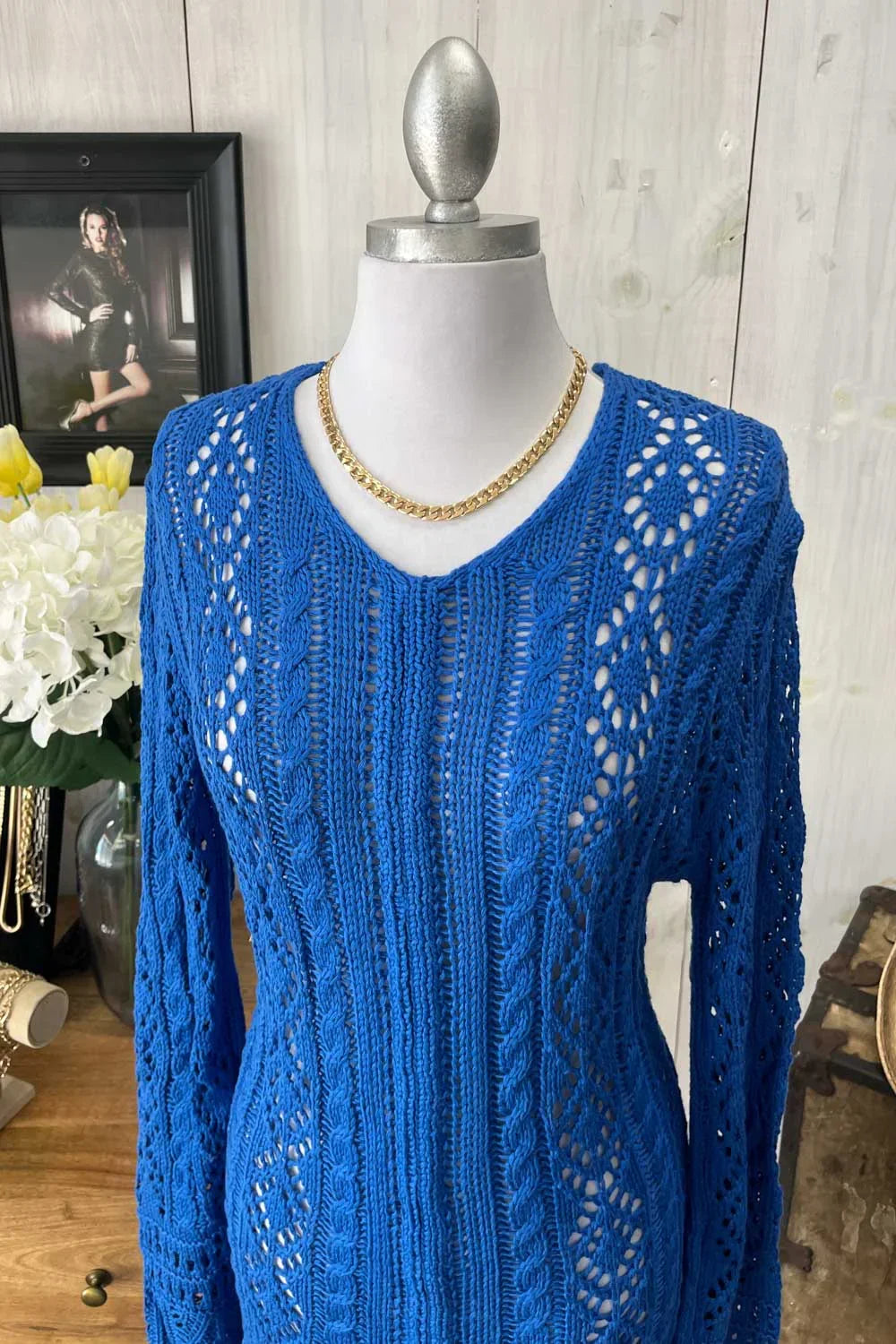 Crochet Cable Knit V-Neck Long Sleeve Eyelet Details Midi Dress