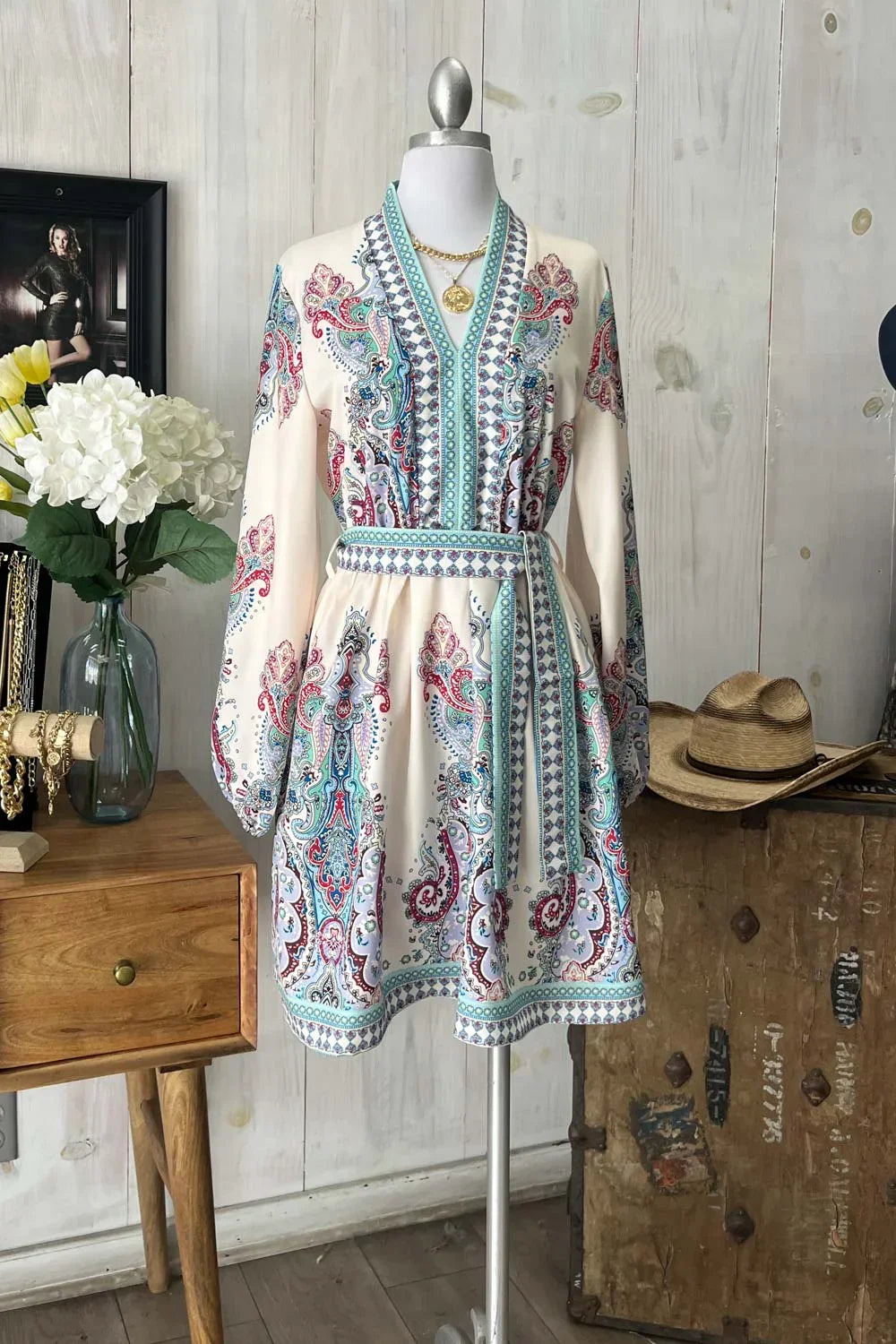 Bohemian Paisley V-Neck Long Sleeve Belted  Fashion Mini Dress