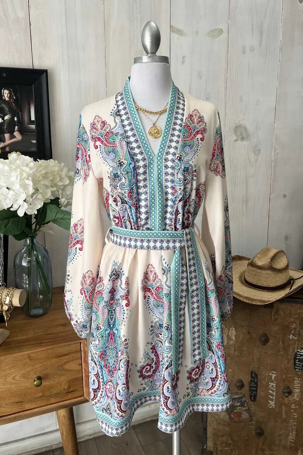 Bohemian Paisley V-Neck Long Sleeve Belted  Fashion Mini Dress