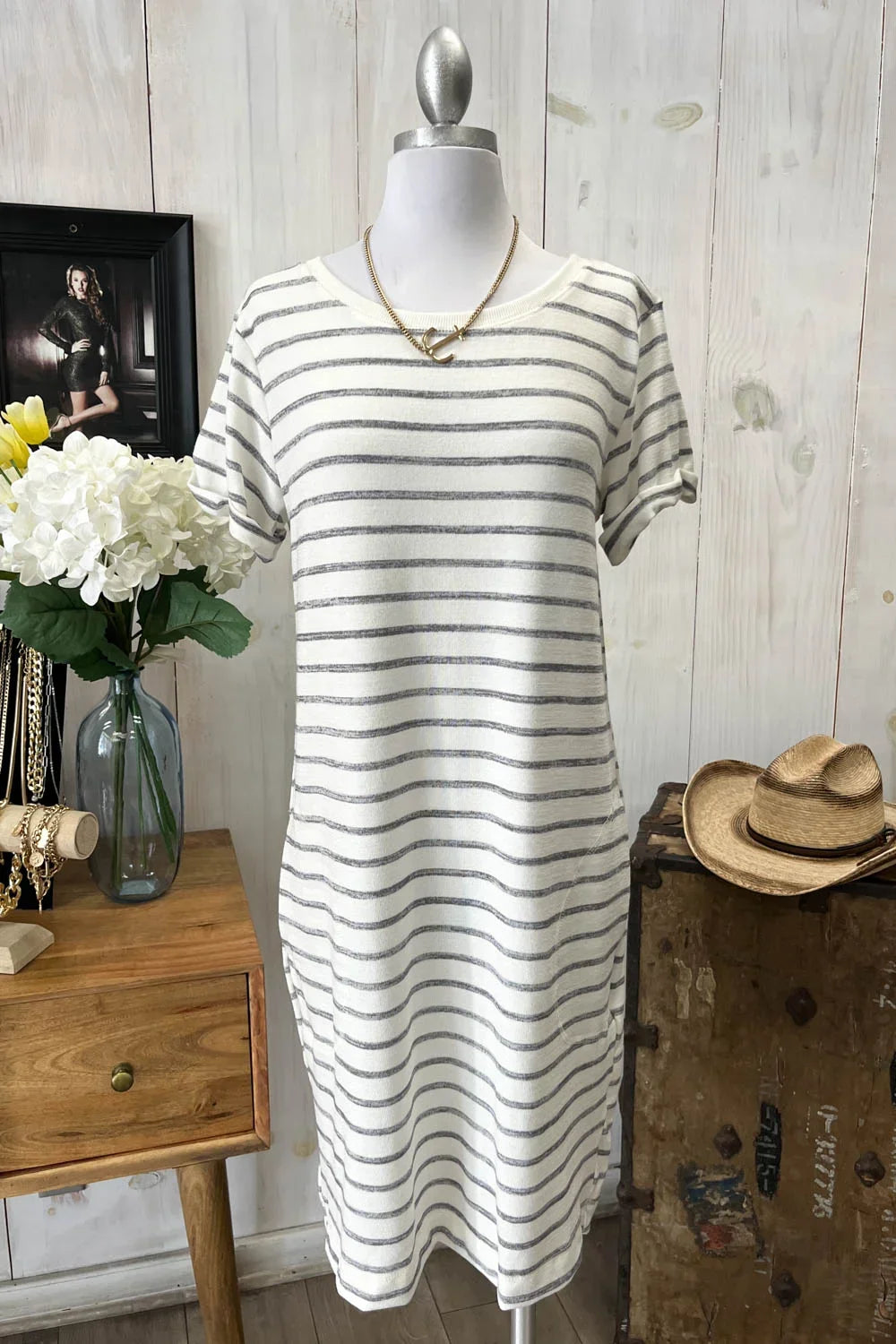 CN479839ML Stripe Short Sleeve Round Neck Soft Knit Midi Dress - Tasha Apparel Wholesale