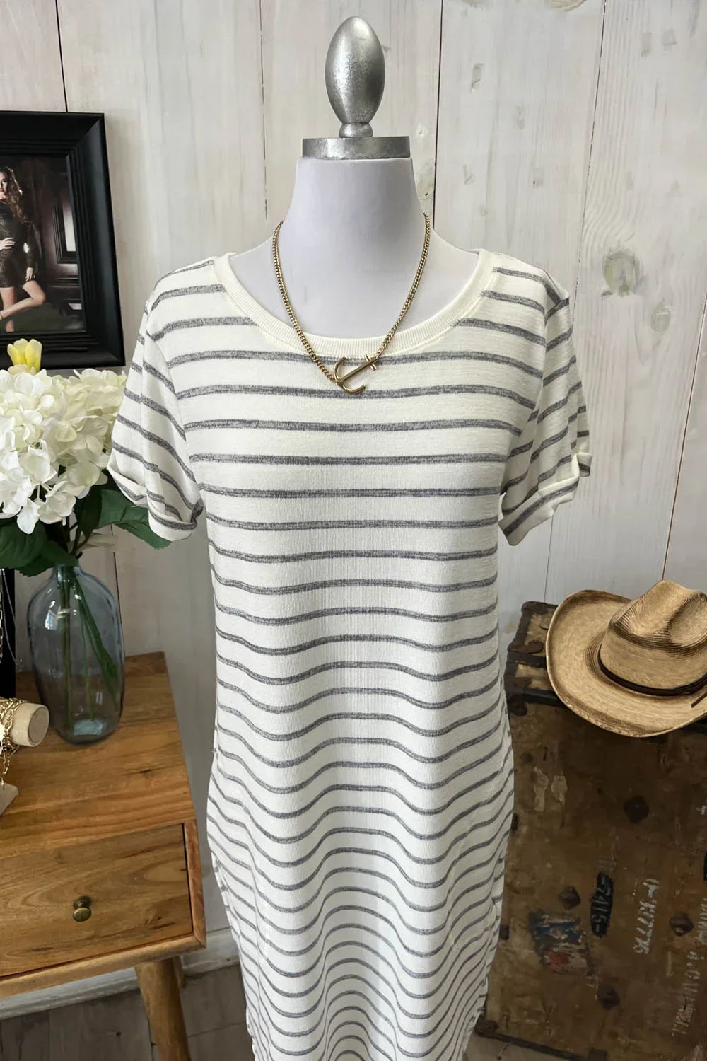 CN479839ML Stripe Short Sleeve Round Neck Soft Knit Midi Dress - Tasha Apparel Wholesale