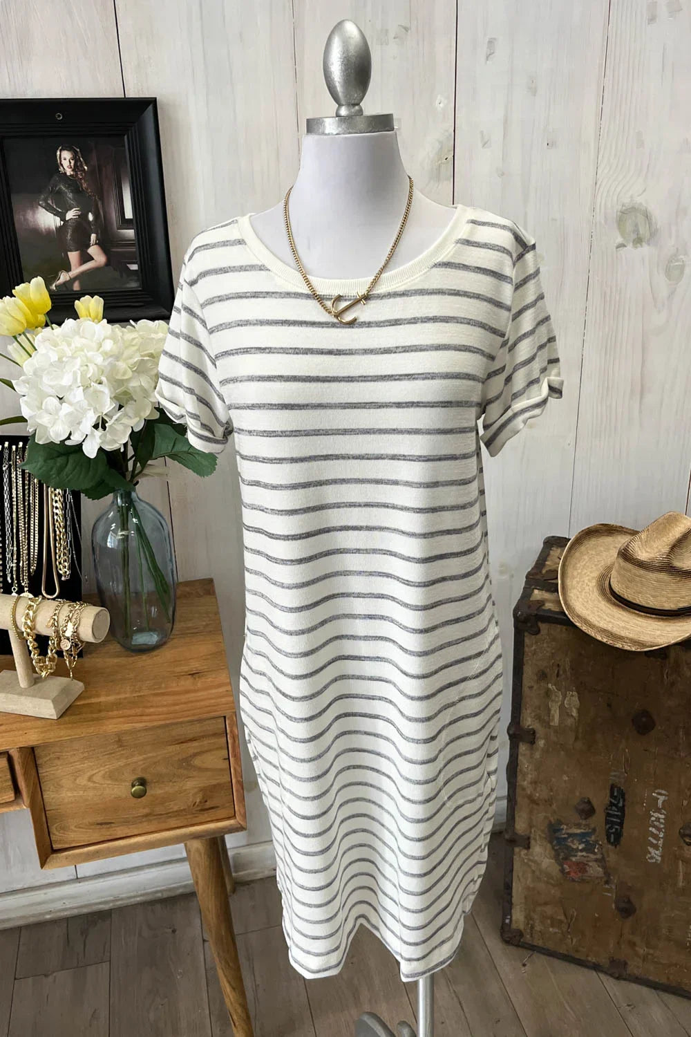 CN479839ML Stripe Short Sleeve Round Neck Soft Knit Midi Dress - Tasha Apparel Wholesale