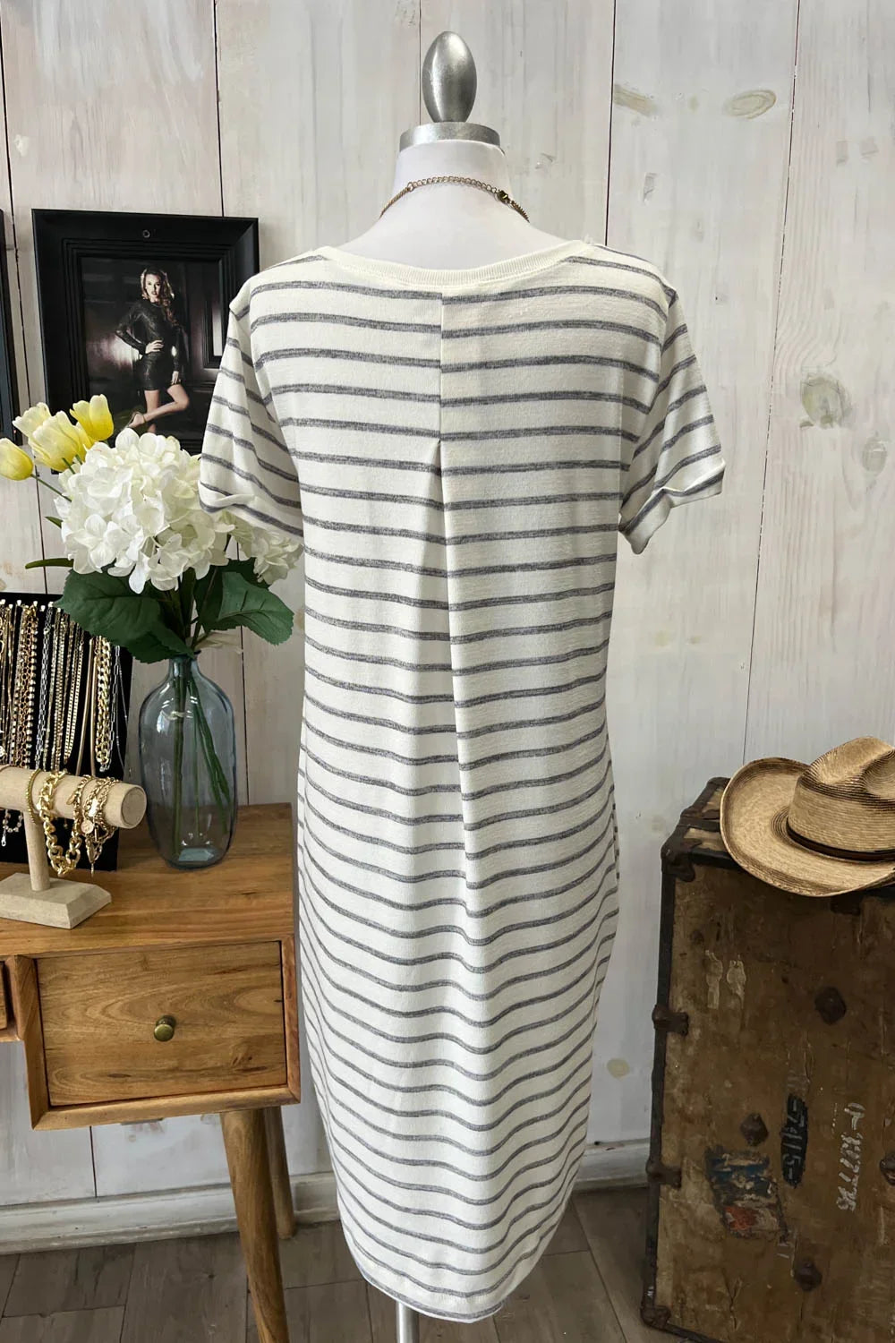 CN479839ML Stripe Short Sleeve Round Neck Soft Knit Midi Dress - Tasha Apparel Wholesale