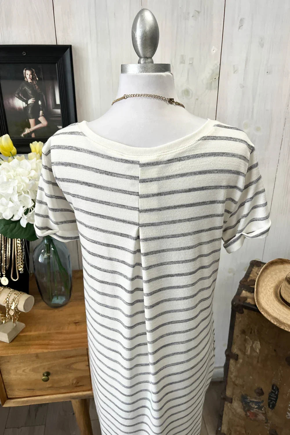 CN479839ML Stripe Short Sleeve Round Neck Soft Knit Midi Dress - Tasha Apparel Wholesale