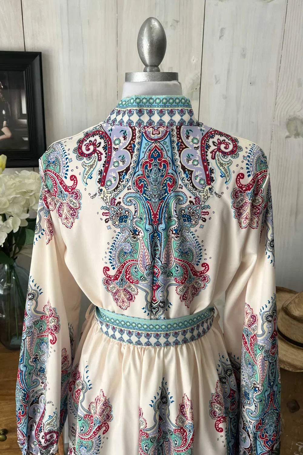 Bohemian Paisley V-Neck Long Sleeve Belted  Fashion Mini Dress