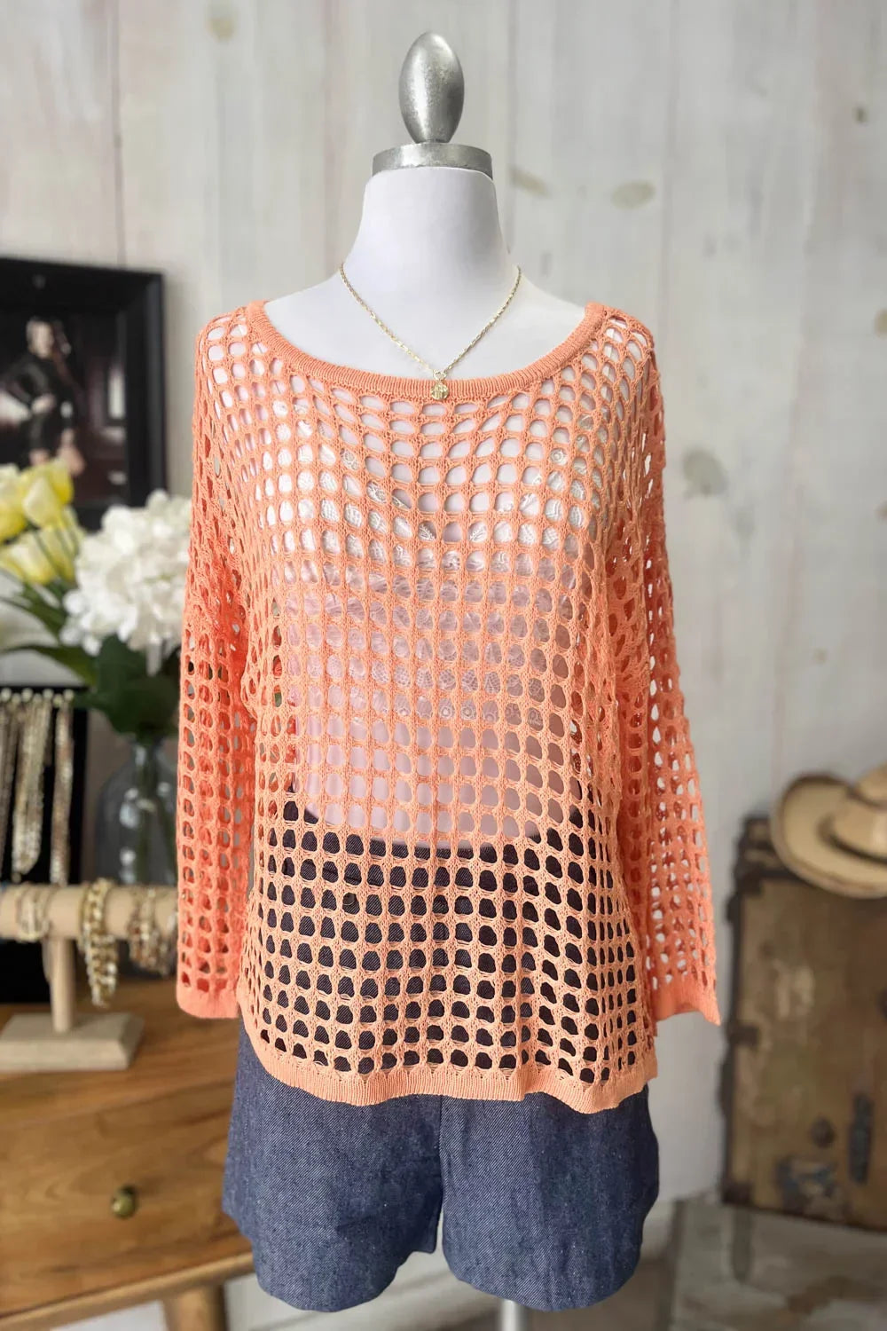 Orange Long Sleeve Crochet Bohemian Top