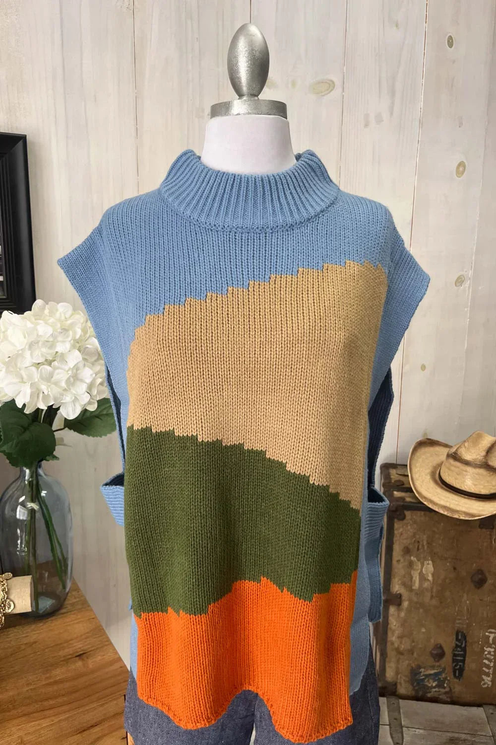 Colorblock Abstract Pattern Turtleneck Sleeveless Knit Sweater Vest
