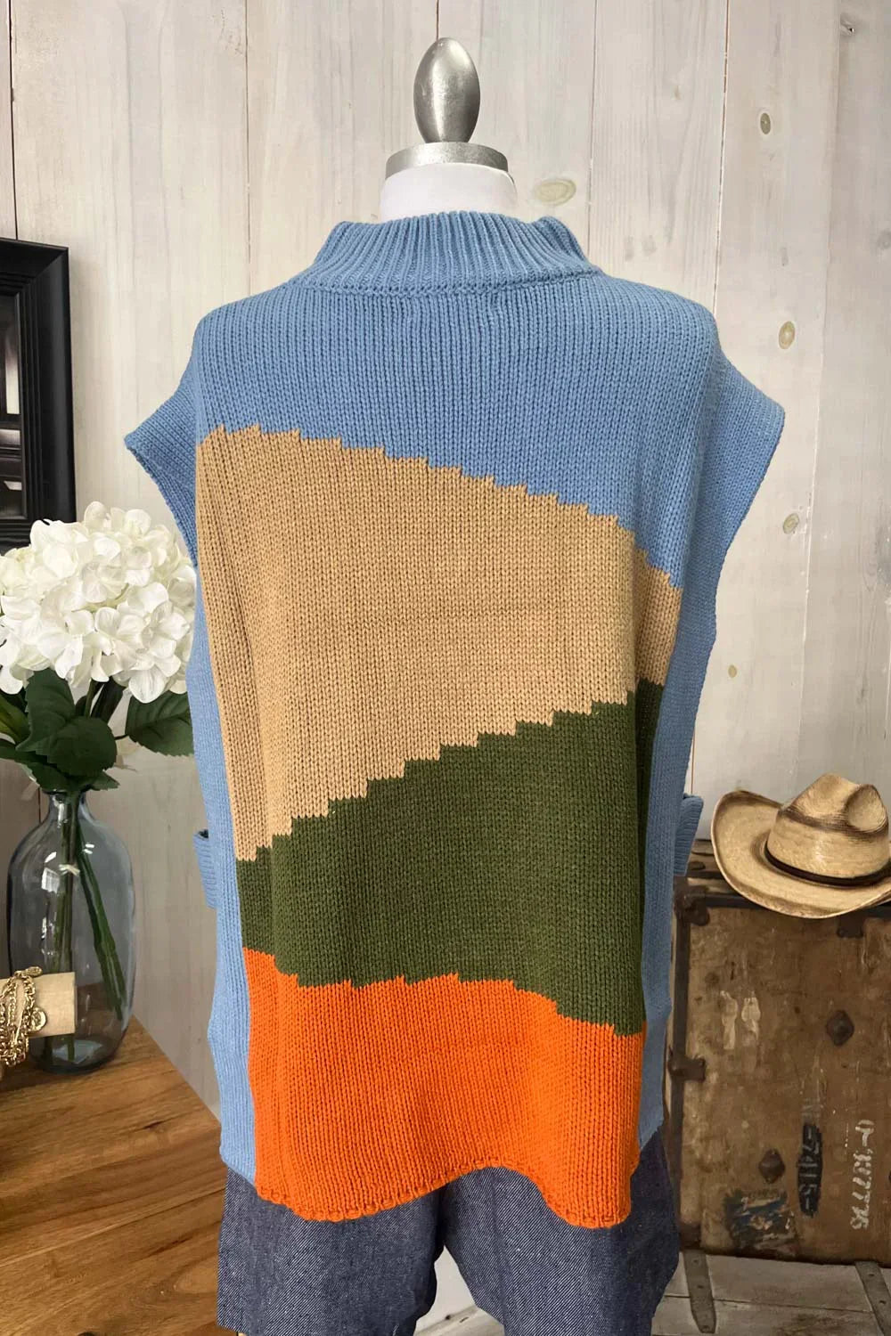 Colorblock Abstract Pattern Turtleneck Sleeveless Knit Sweater Vest