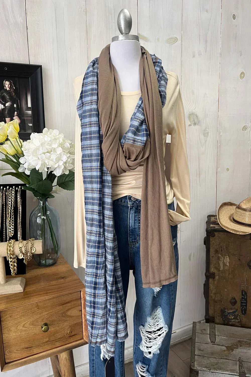 Reversible Blue Plaid Mocha Brown Soft Lightweight Fashion Scarf