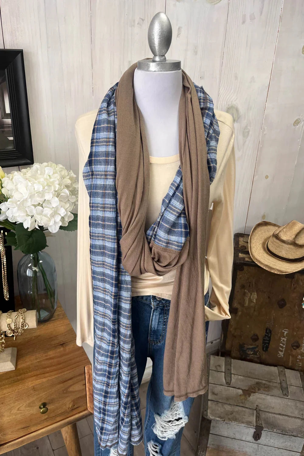 Reversible Blue Plaid Mocha Brown Soft Lightweight Fashion Scarf