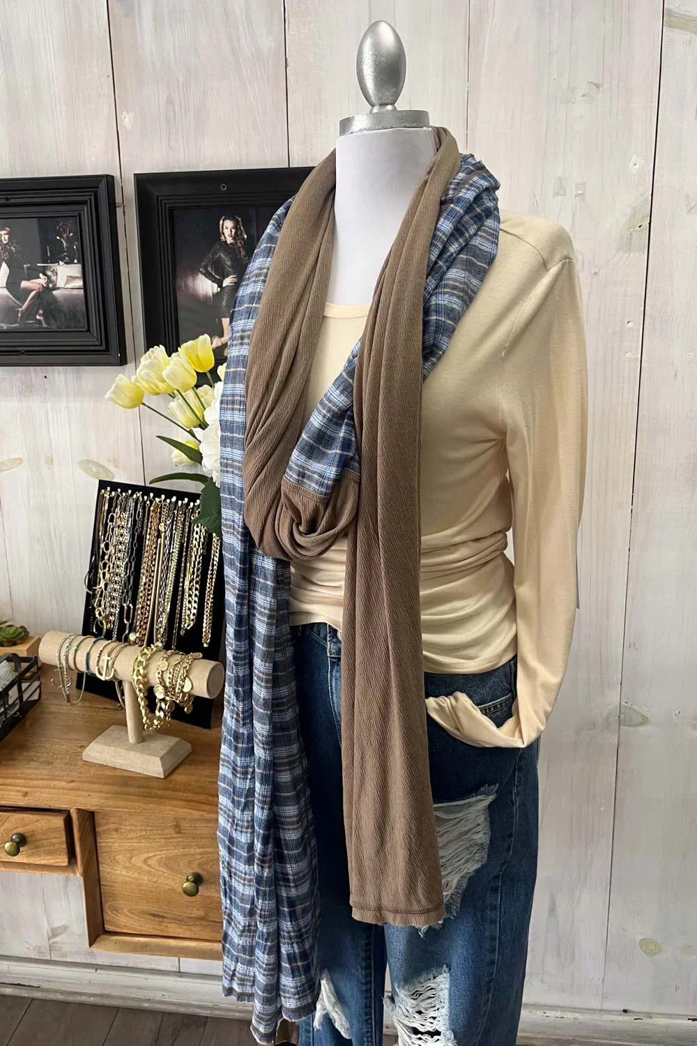 Reversible Blue Plaid Mocha Brown Soft Lightweight Fashion Scarf