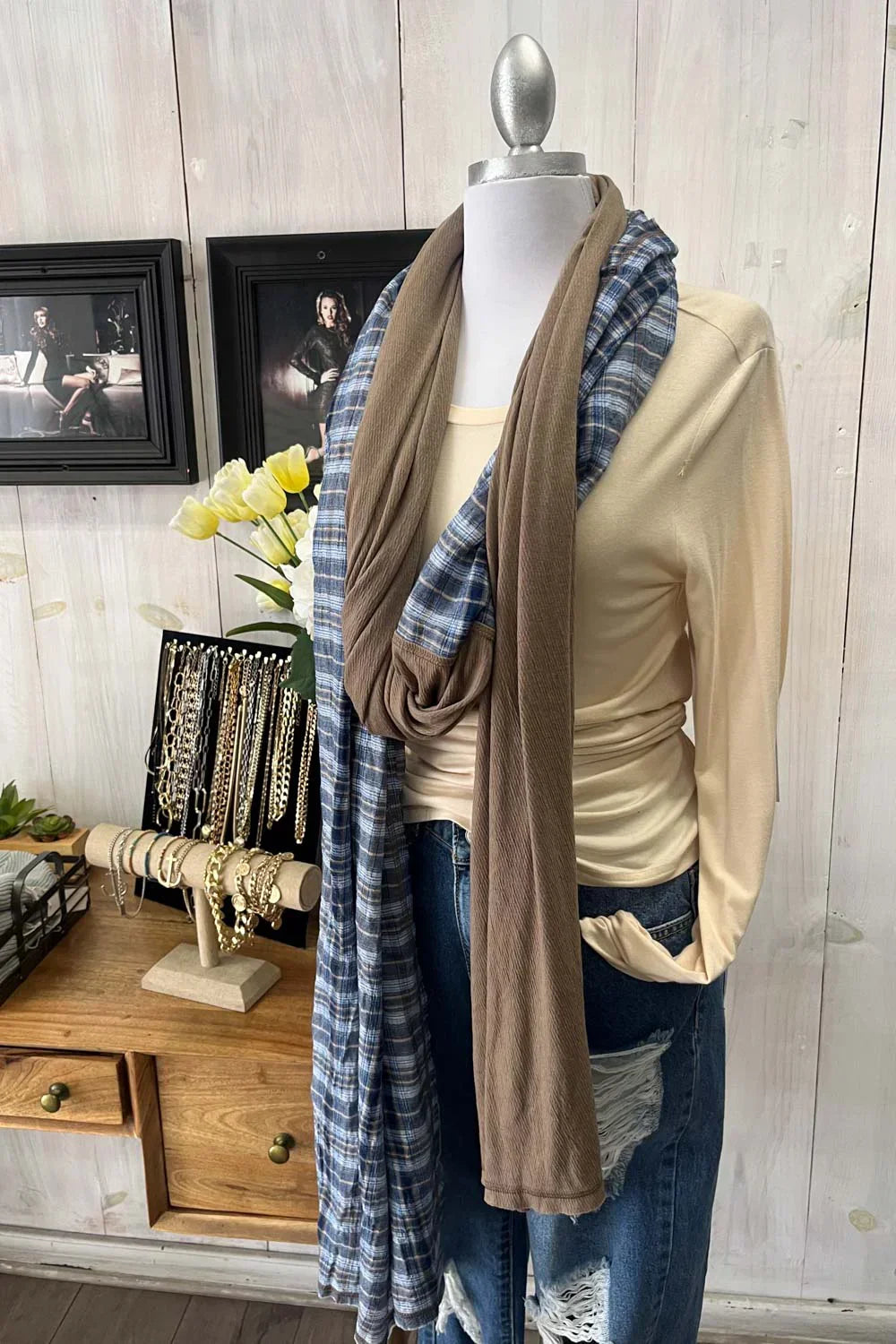 Reversible Blue Plaid Mocha Brown Soft Lightweight Fashion Scarf