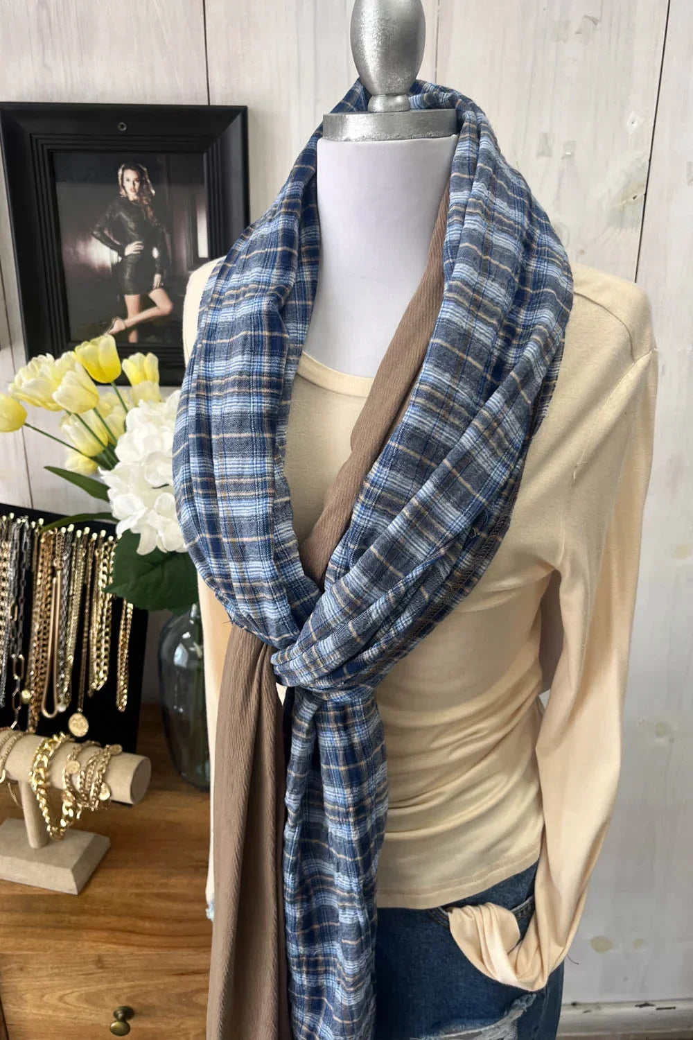 Reversible Blue Plaid Mocha Brown Soft Lightweight Fashion Scarf