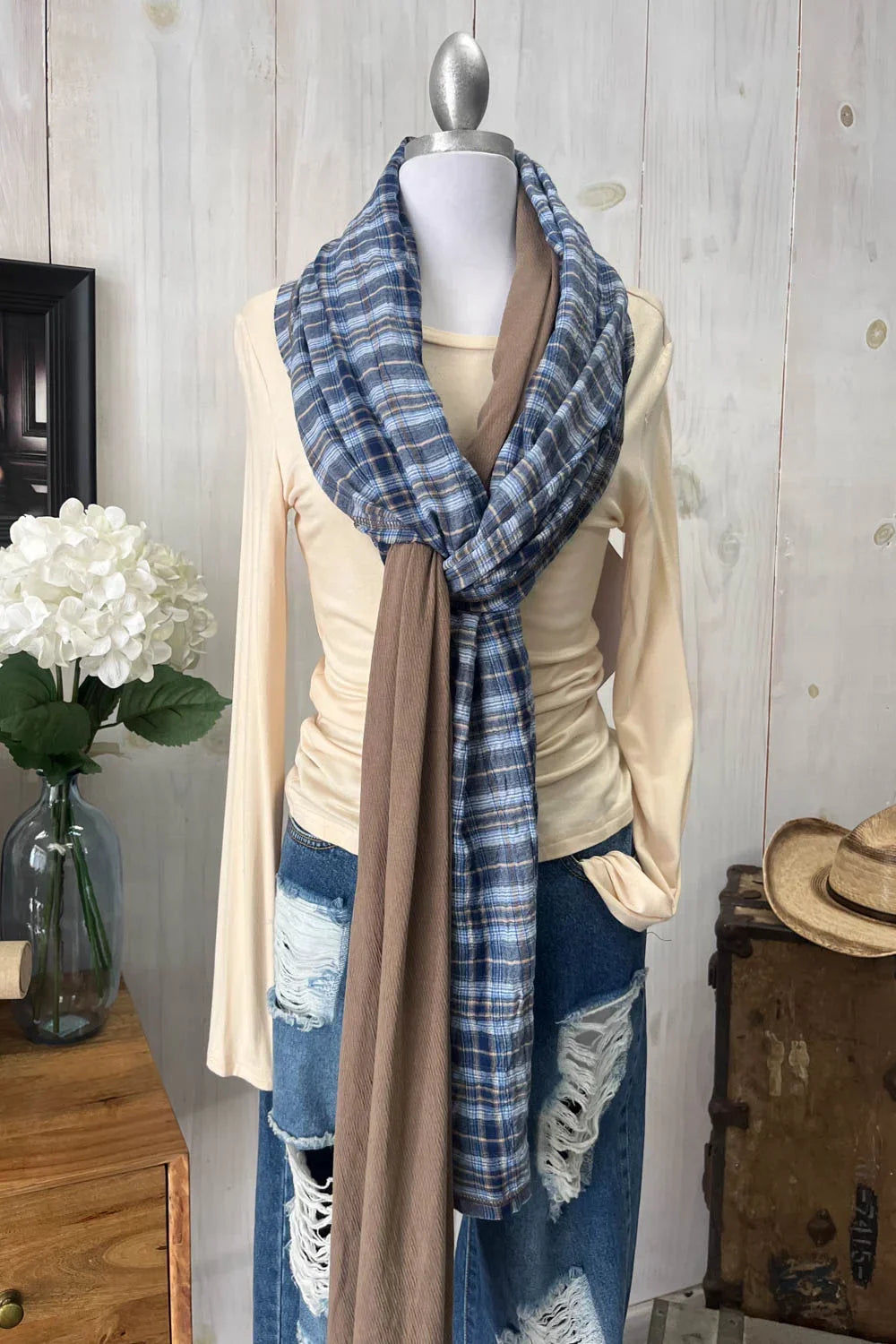 Reversible Blue Plaid Mocha Brown Soft Lightweight Fashion Scarf