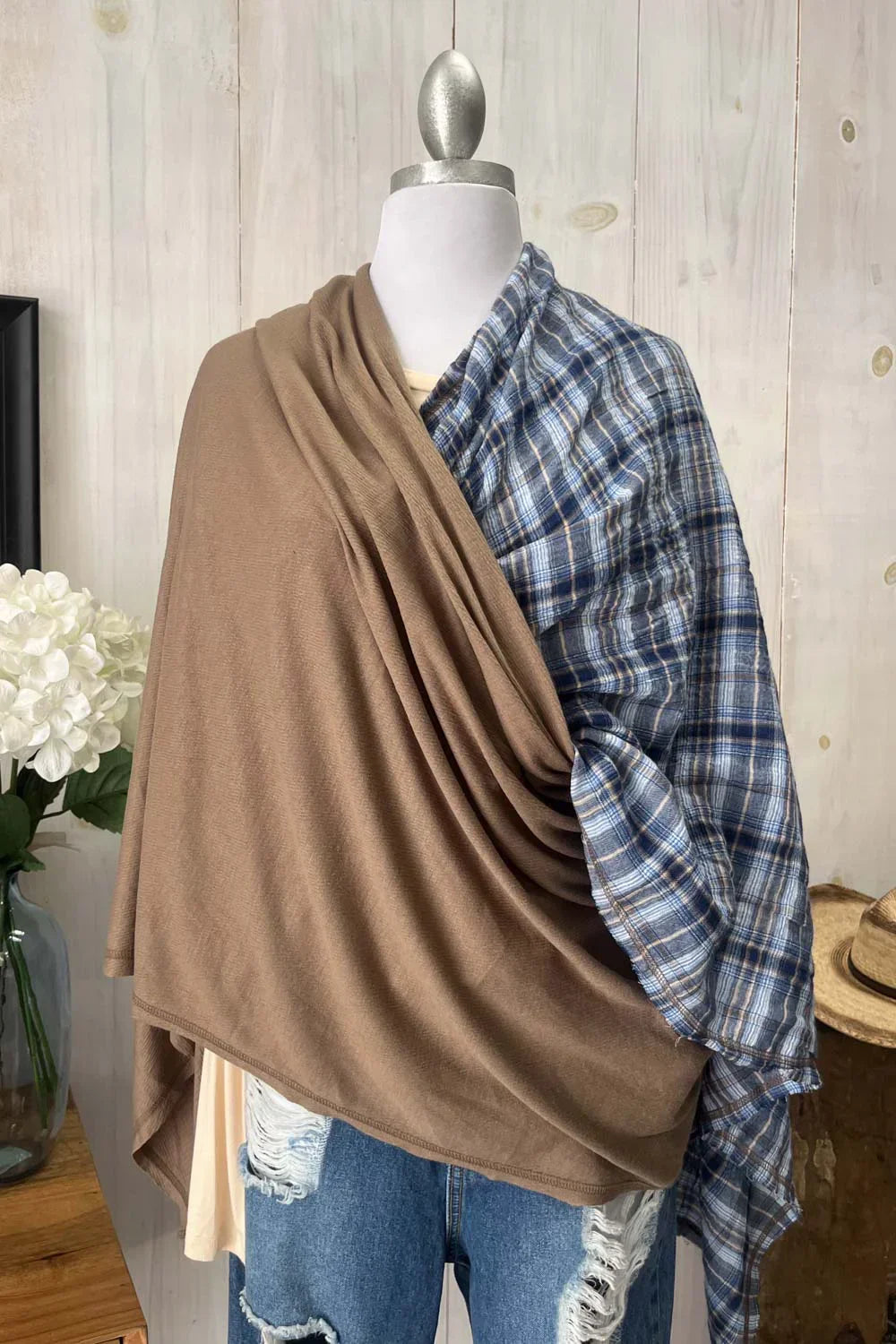 Reversible Blue Plaid Mocha Brown Soft Lightweight Fashion Scarf