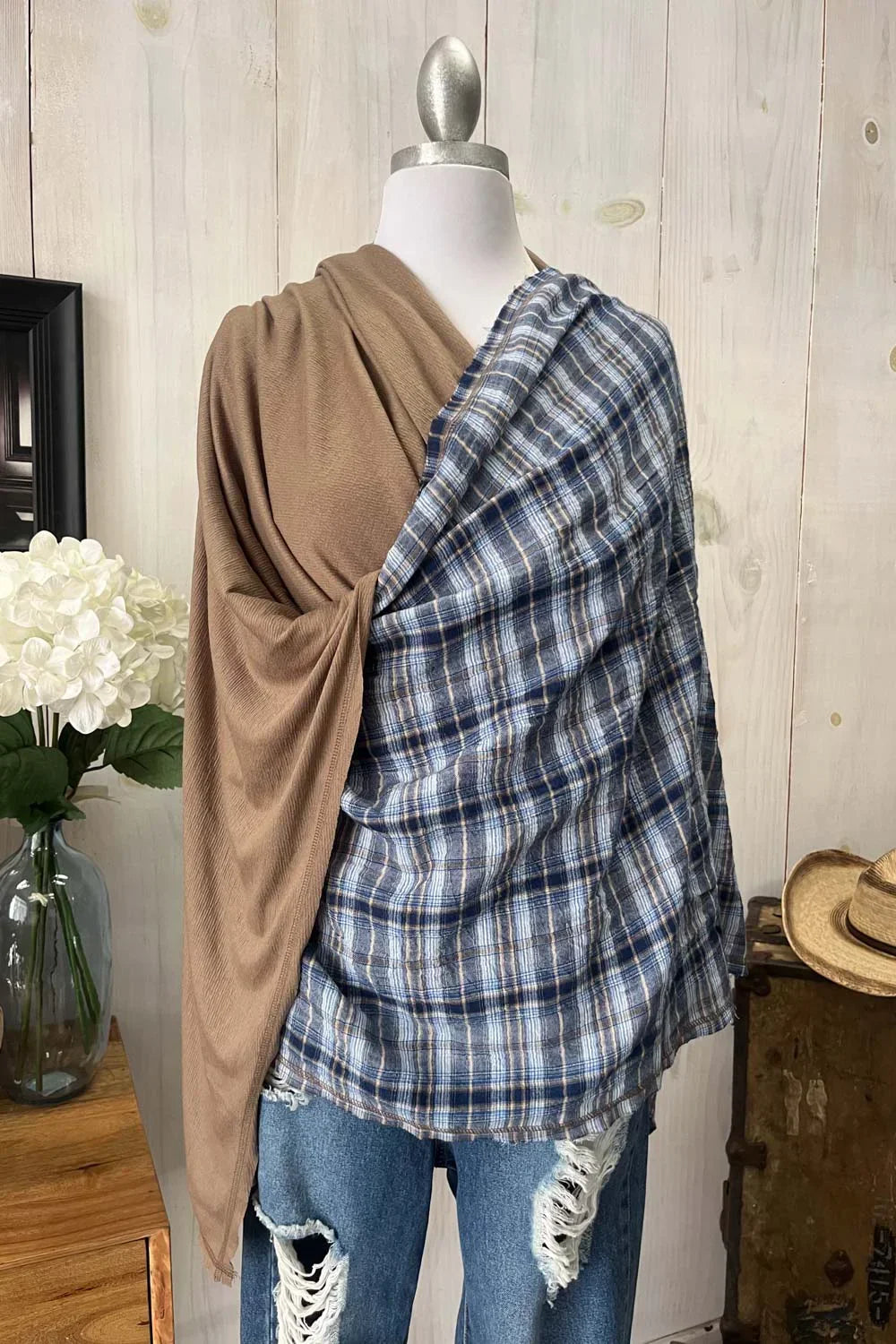 Reversible Blue Plaid Mocha Brown Soft Lightweight Fashion Scarf