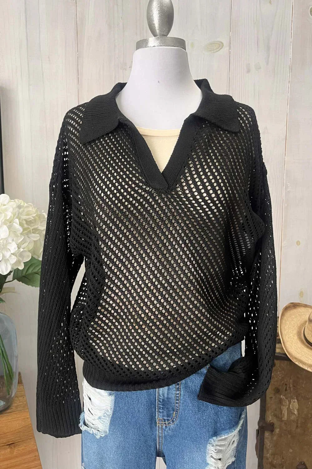 Long Sleeve Collared Crochet Knit Black Boutique Top