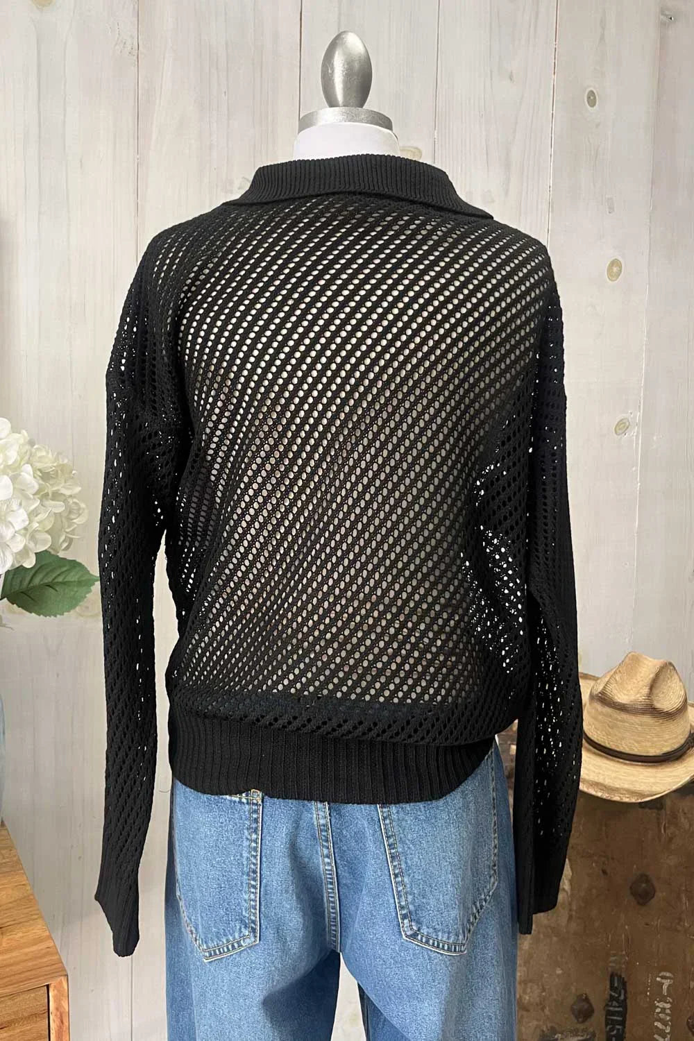 Long Sleeve Collared Crochet Knit Black Boutique Top