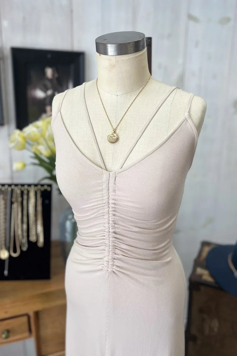 Darling Ribbed Knit Ruched Center V-Neck Lace Up Back Bodycon Midi Dress