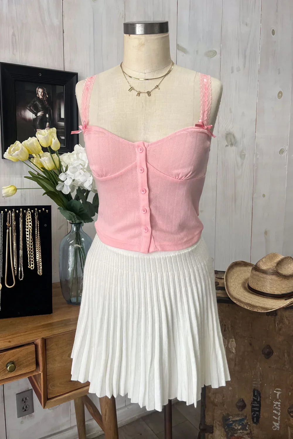 Ribbed Knit Button Front Corset Bustier Delicate Lace Trim and Bow Details Top