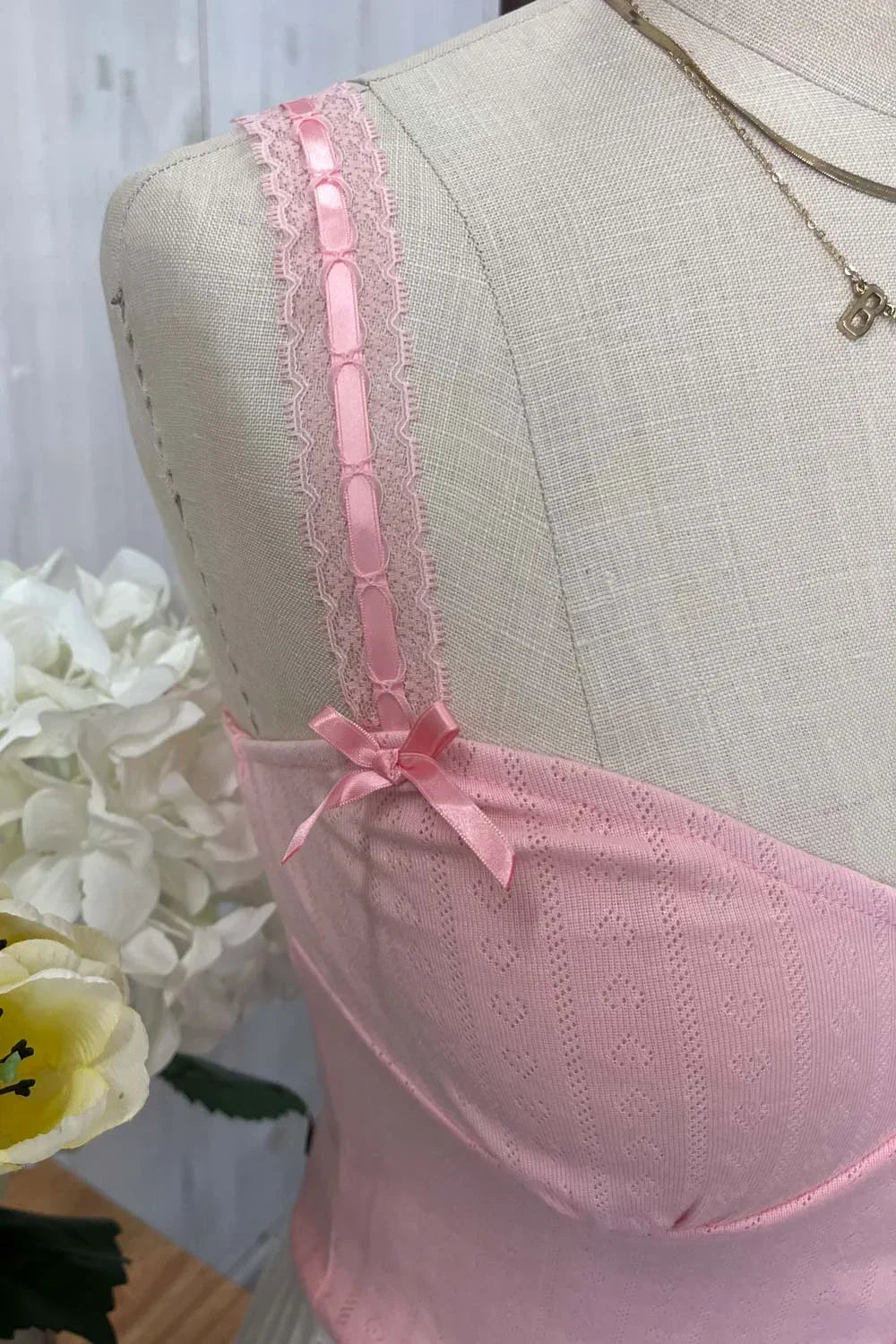 Ribbed Knit Button Front Corset Bustier Delicate Lace Trim and Bow Details Top