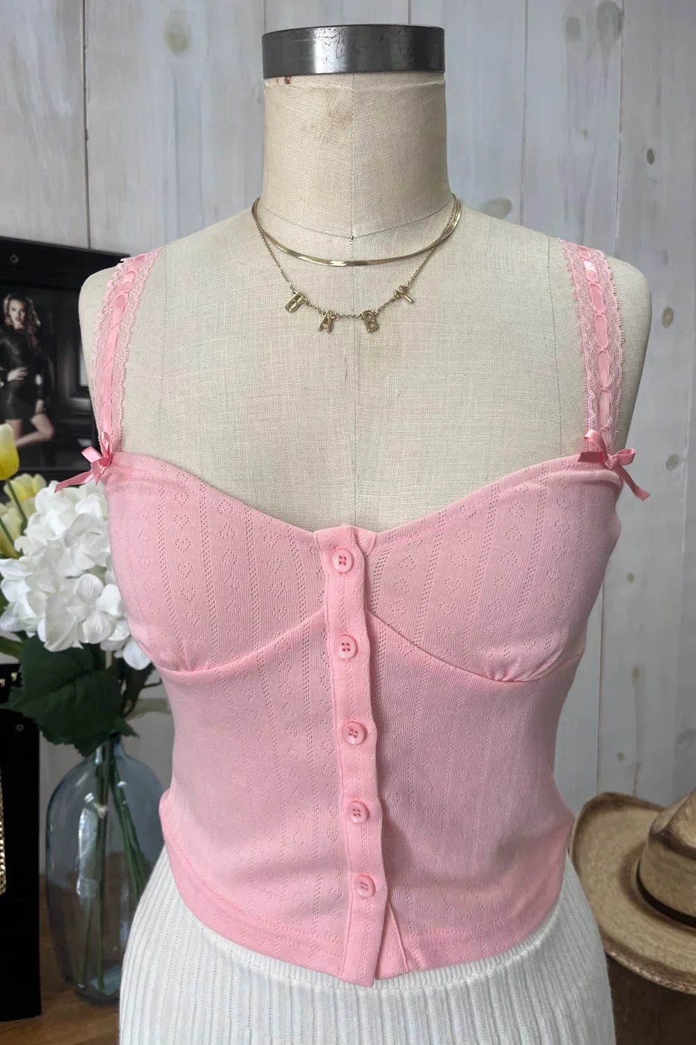 Ribbed Knit Button Front Corset Bustier Delicate Lace Trim and Bow Details Top