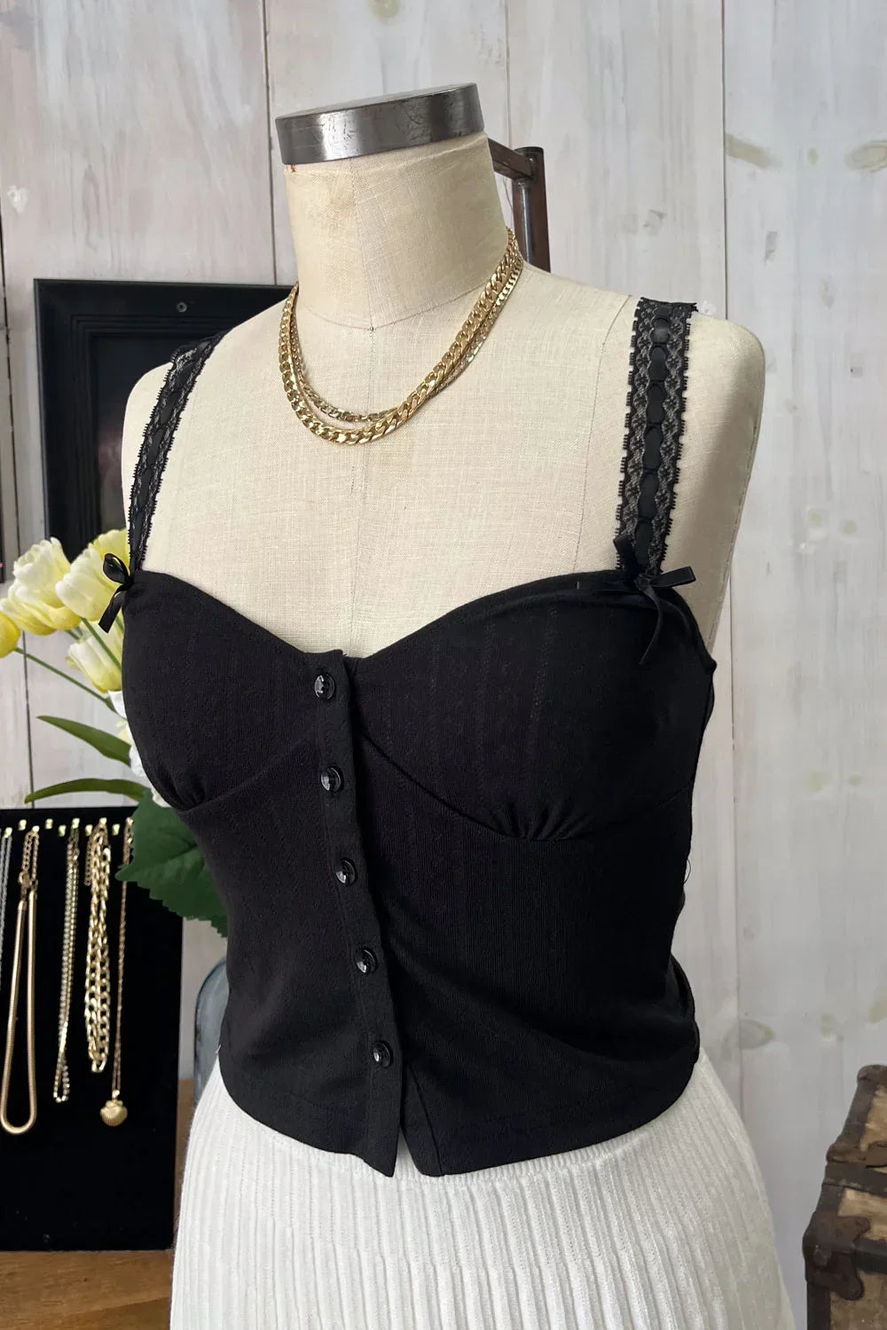 Ribbed Knit Button Front Corset Bustier Delicate Lace Trim and Bow Details Top
