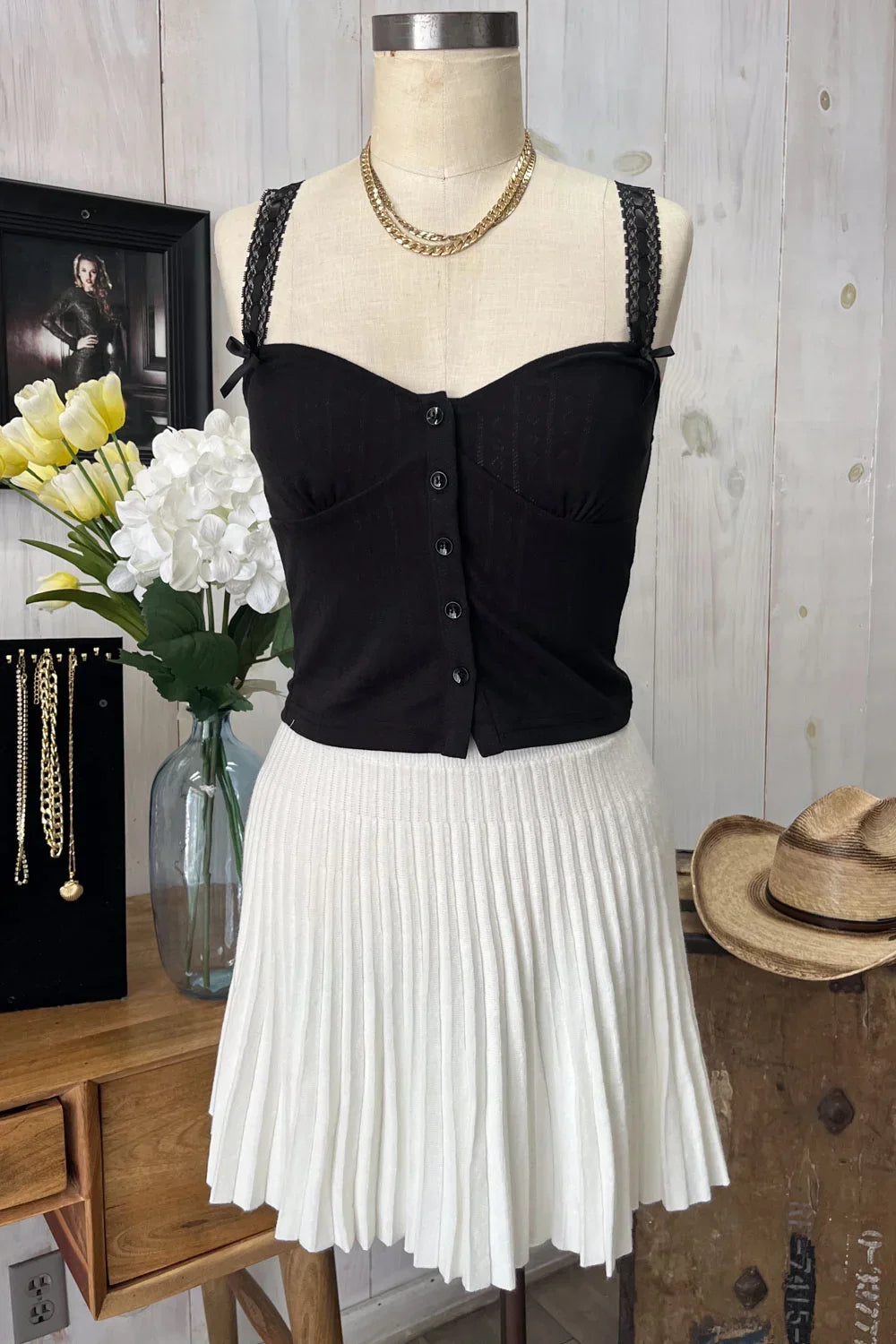 Ribbed Knit Button Front Corset Bustier Delicate Lace Trim and Bow Details Top