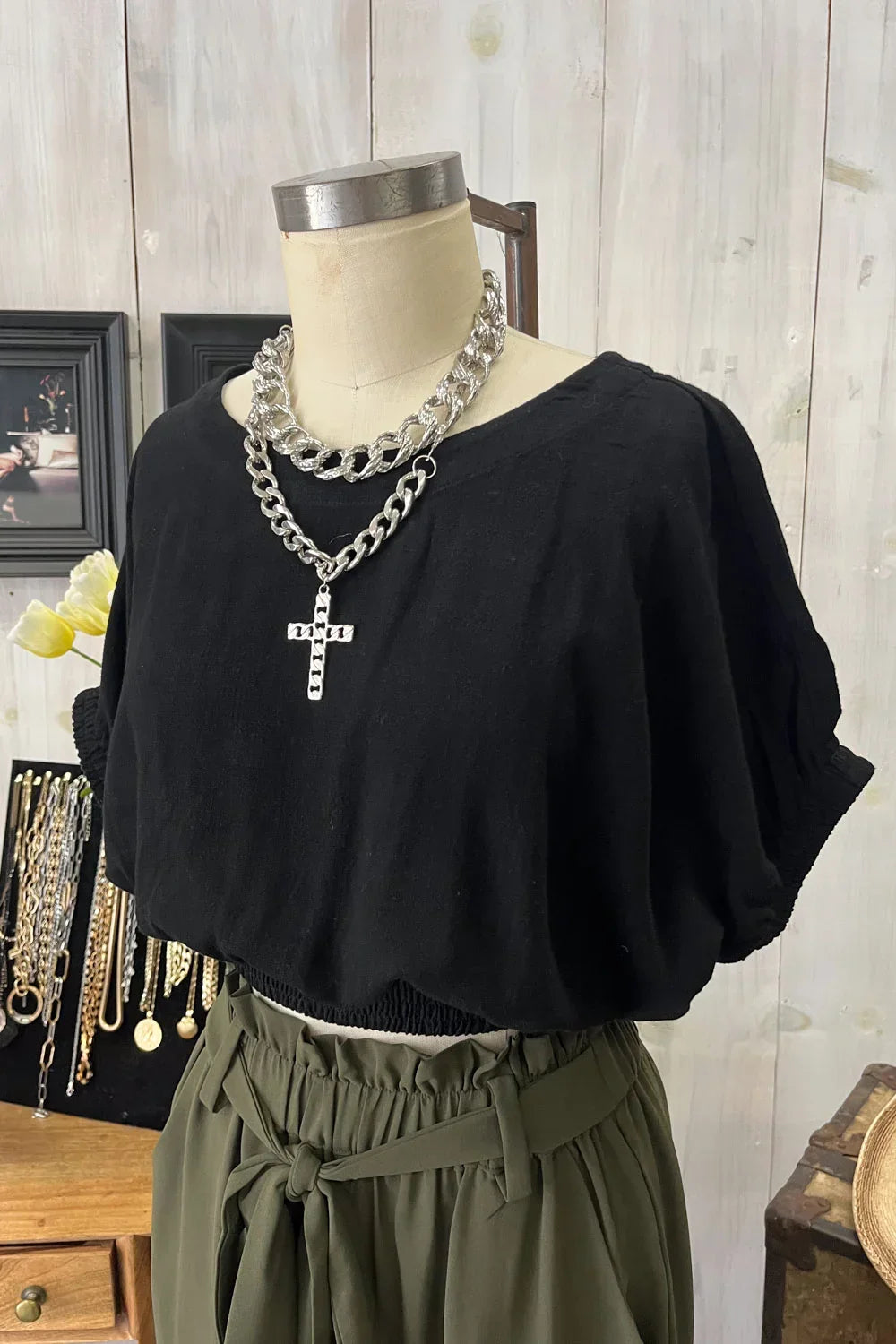 Black Smocked Hem V-Neck Dolman Sleeve Cropped Blouse Top