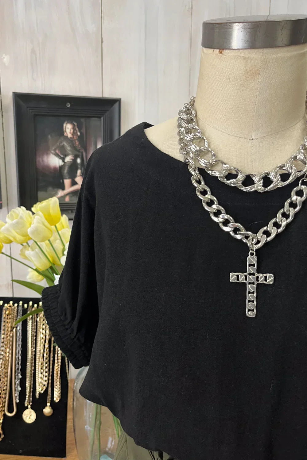 Black Smocked Hem V-Neck Dolman Sleeve Cropped Blouse Top