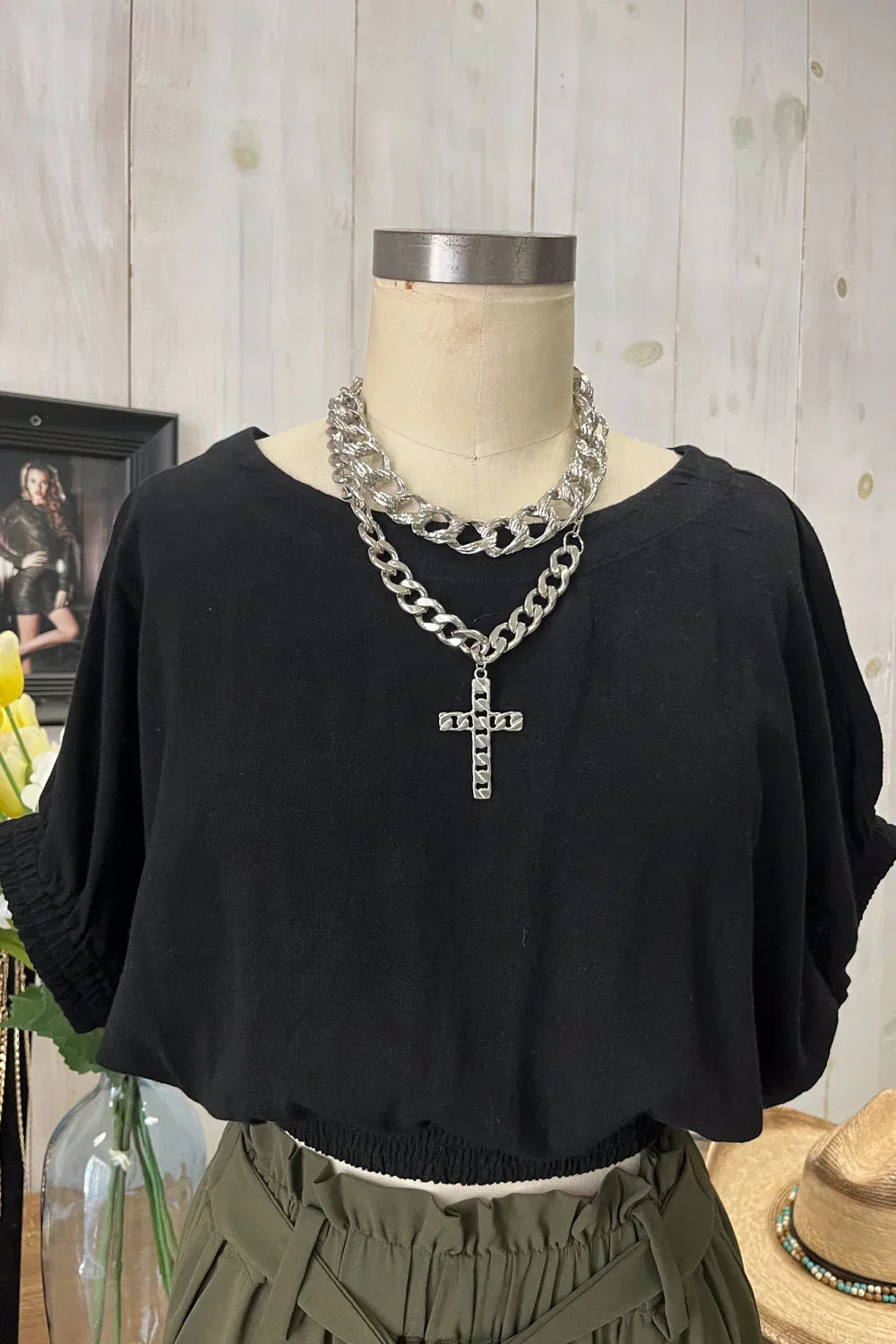Black Smocked Hem V-Neck Dolman Sleeve Cropped Blouse Top