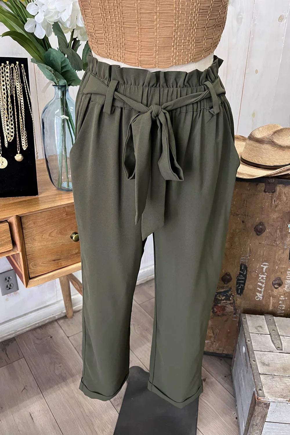 High Waisted Paperbag Waist Tie Belt Cropped Pants Trendy Trousers
