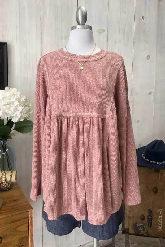 Dusty Rose Pink Ribbed Knit Babydoll Peplum Long Sleeve Sweater Top