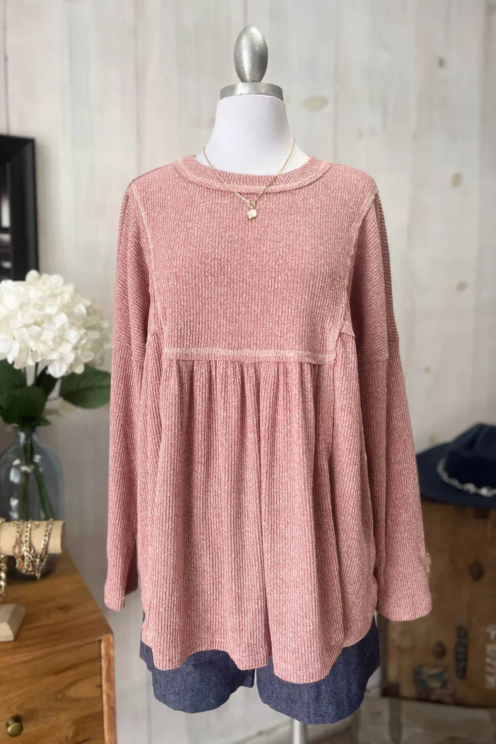 Dusty Rose Pink Ribbed Knit Babydoll Peplum Long Sleeve Sweater Top - Tasha Apparel Wholesale