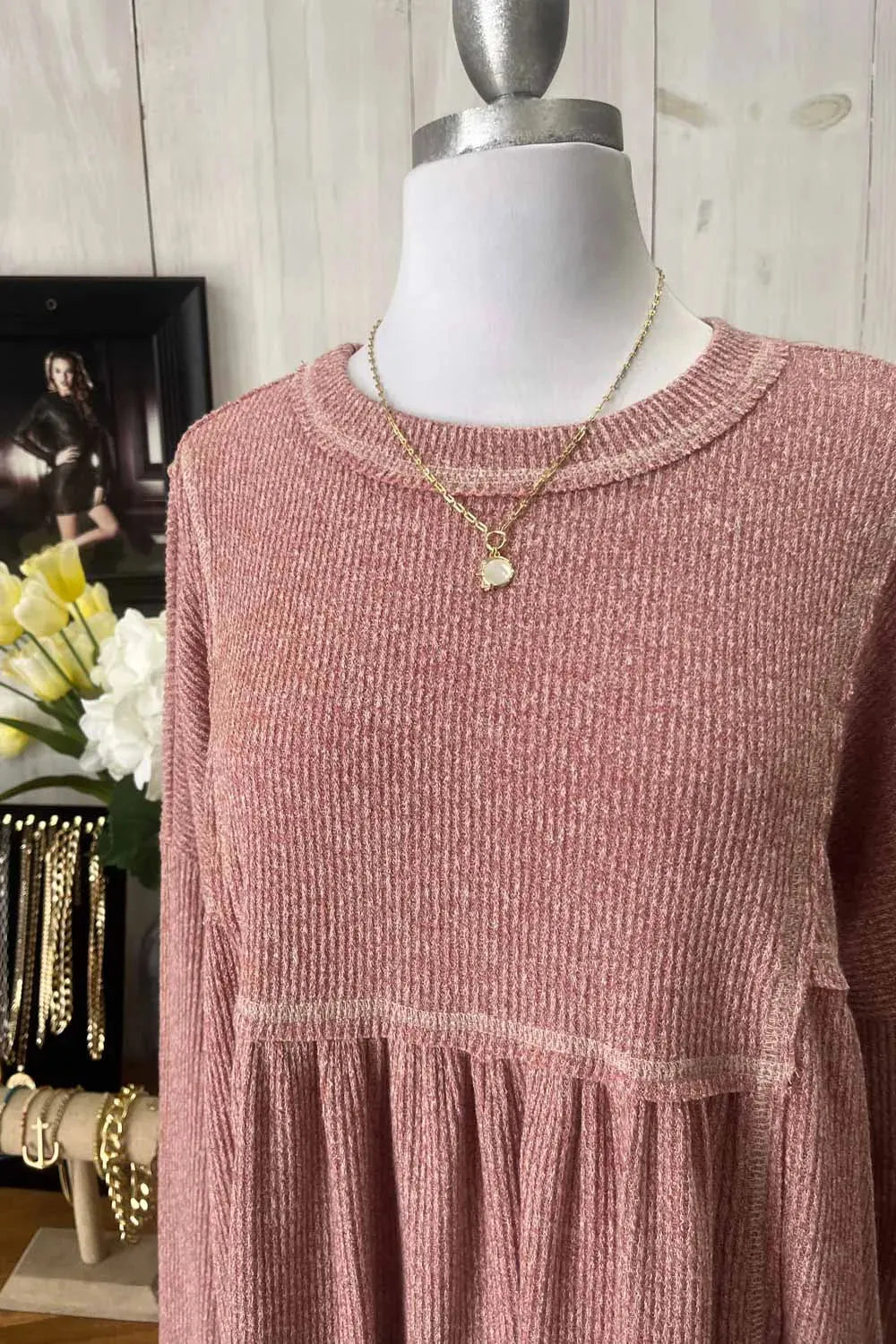 Dusty Rose Pink Ribbed Knit Babydoll Peplum Long Sleeve Sweater Top - Tasha Apparel Wholesale