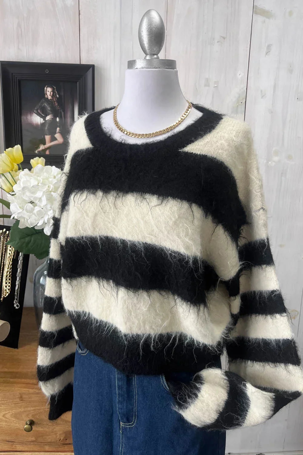 Black White Striped Fuzzy Knit Long Sleeve Cropped Sweater