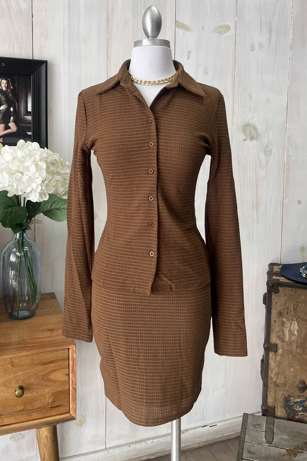 Textured Long Sleeve Button Front Shirt & Mini Skirt Set