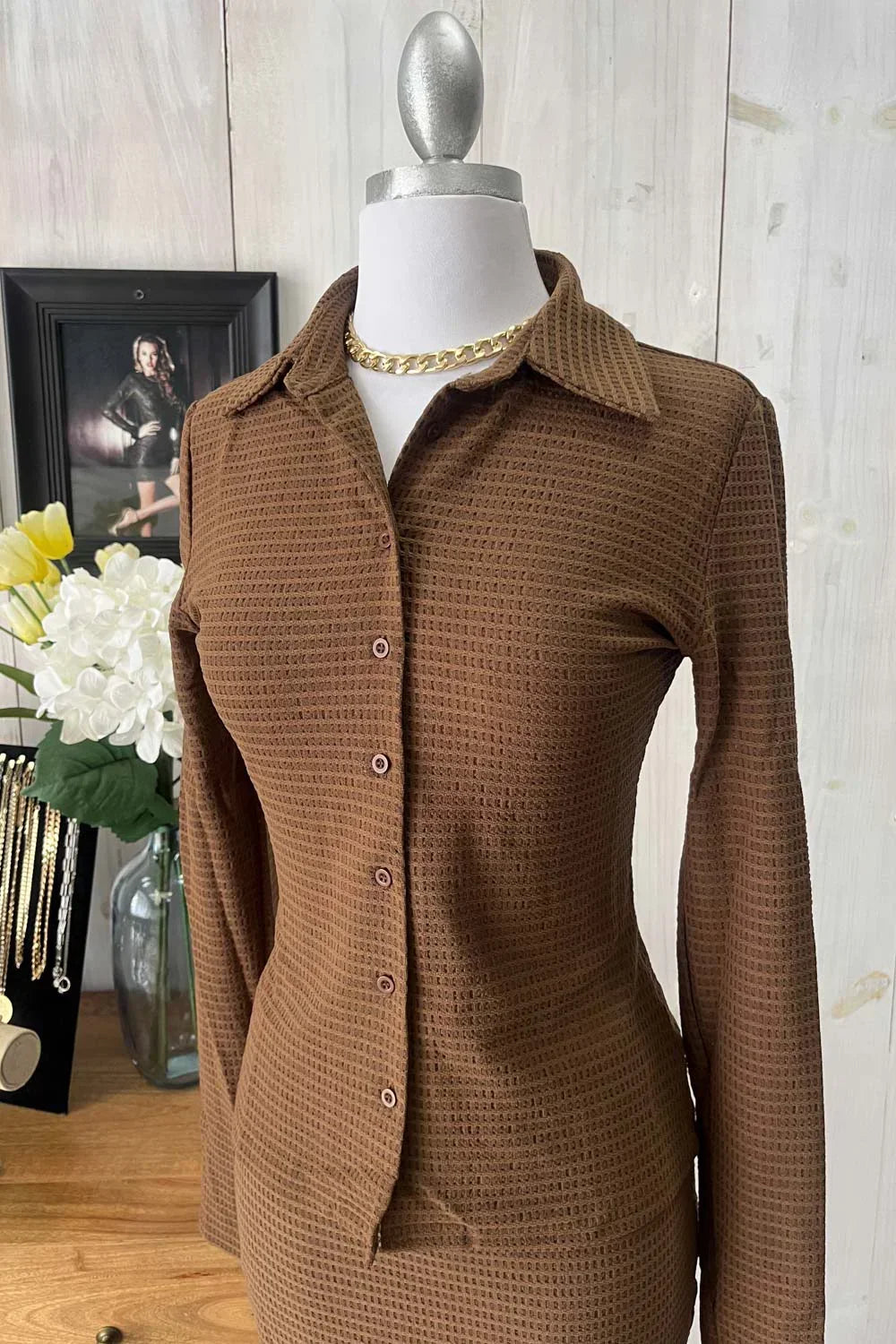 Textured Long Sleeve Button Front Shirt & Mini Skirt Set