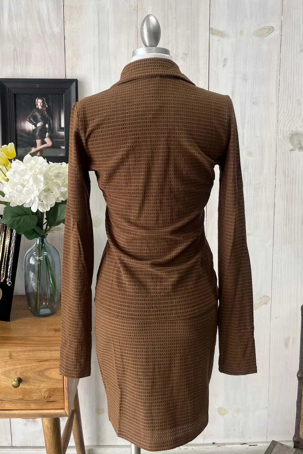 Textured Long Sleeve Button Front Shirt & Mini Skirt Set