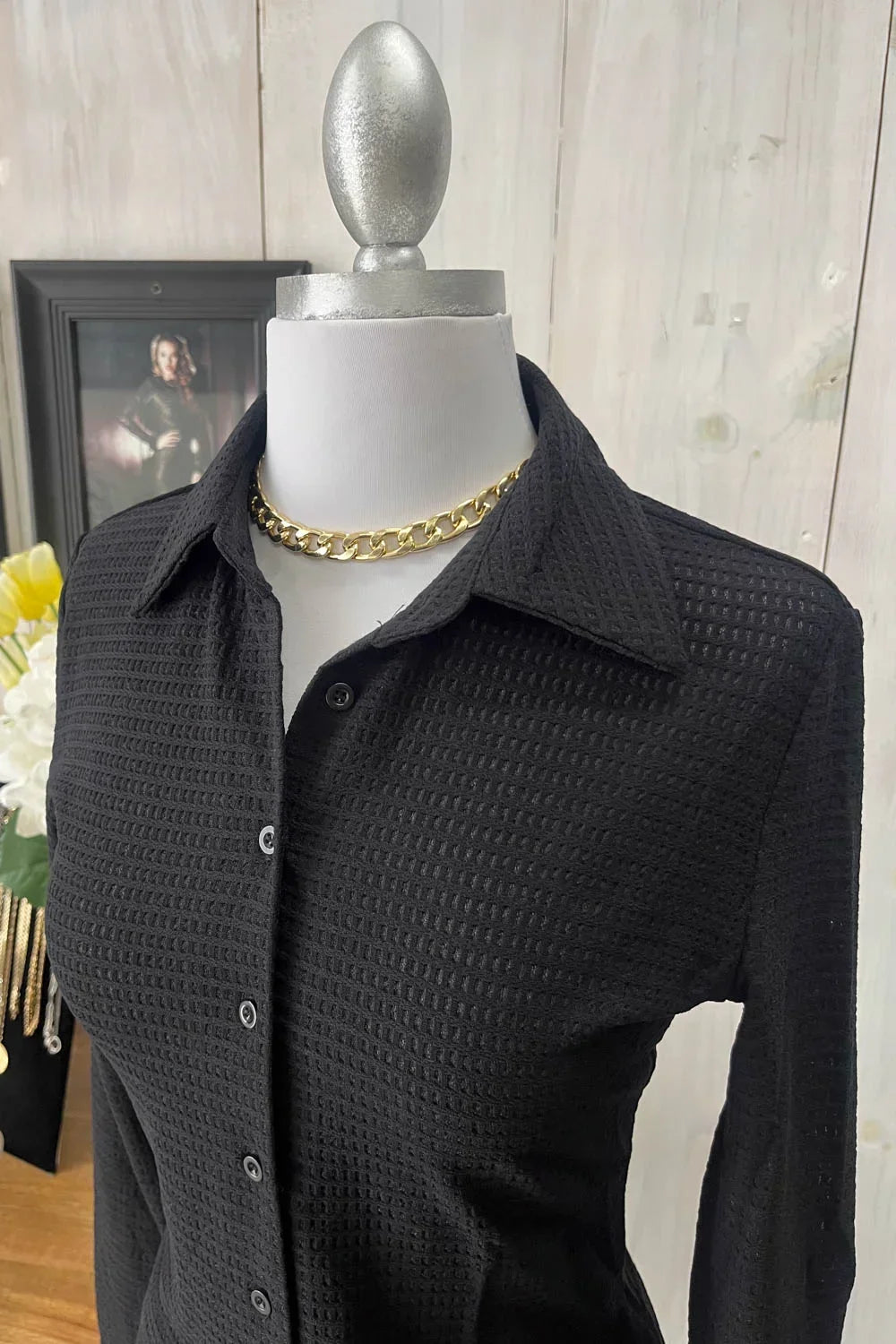 Textured Long Sleeve Button Front Shirt & Mini Skirt Set