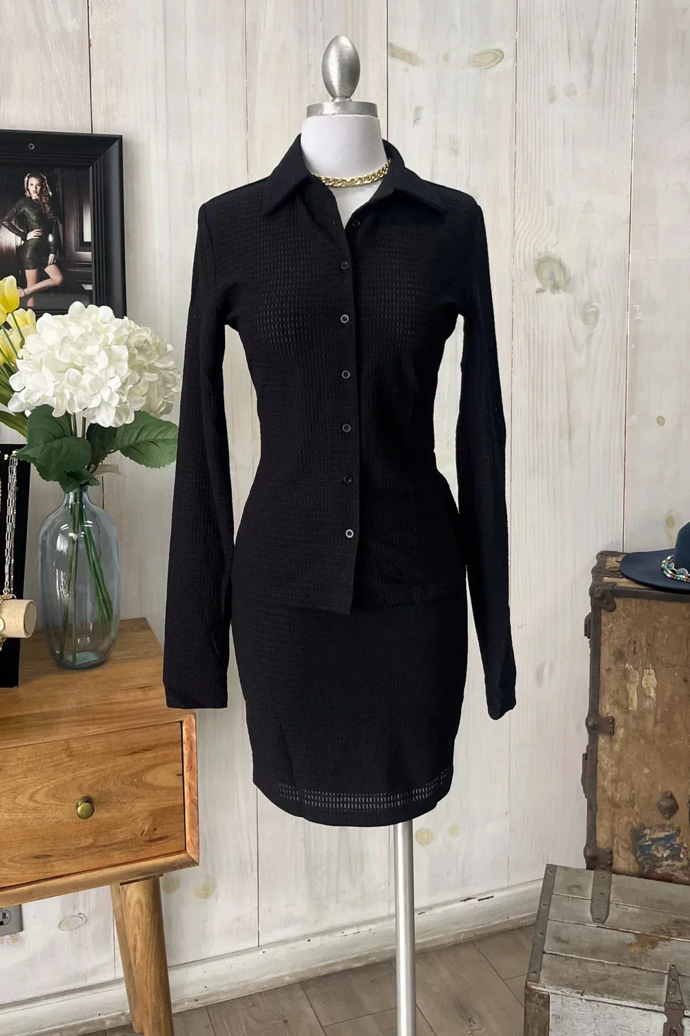 Textured Long Sleeve Button Front Shirt & Mini Skirt Set