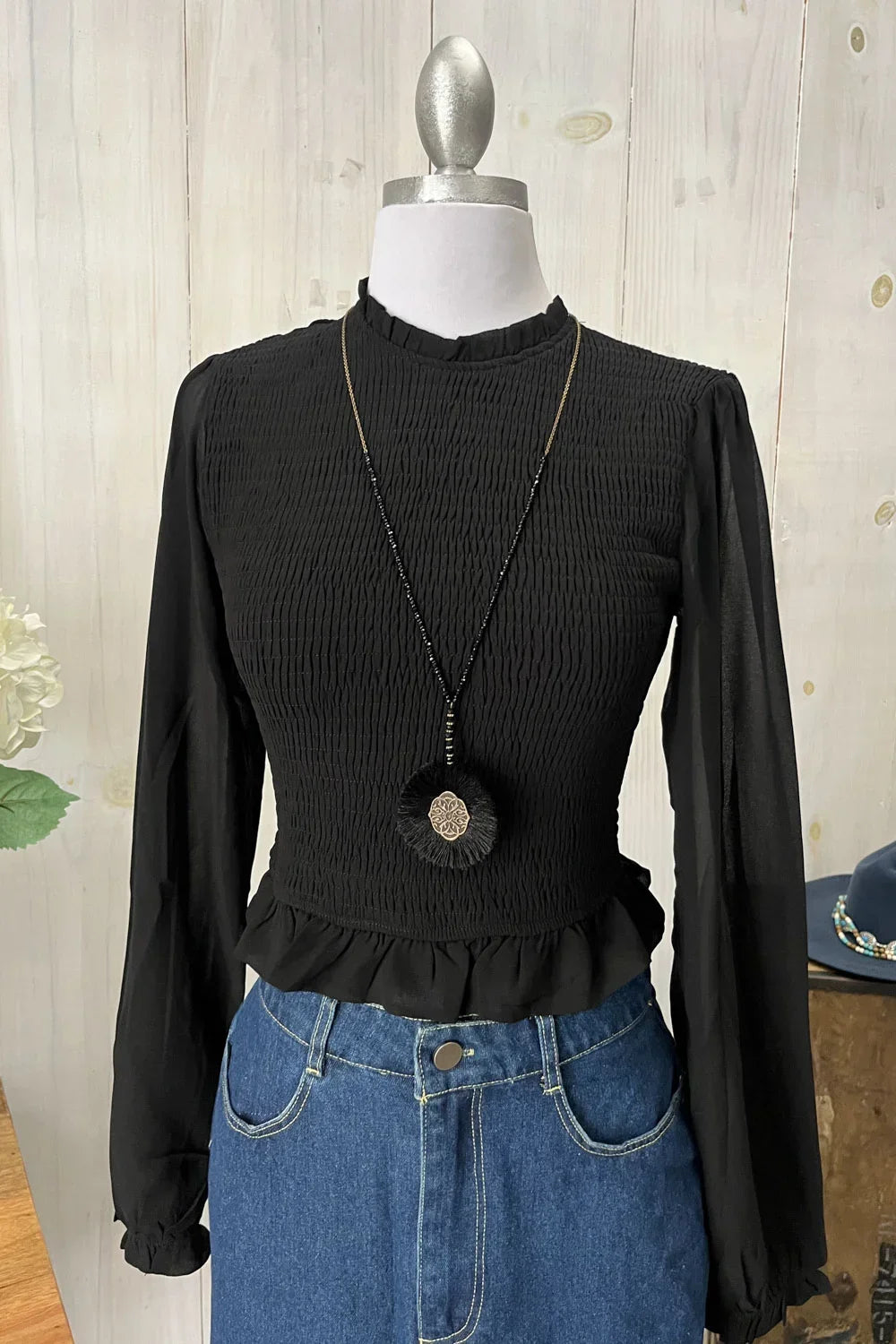 Smocked Long Sleeve Sheer Crop Top Trendy Boutique Fashion Top