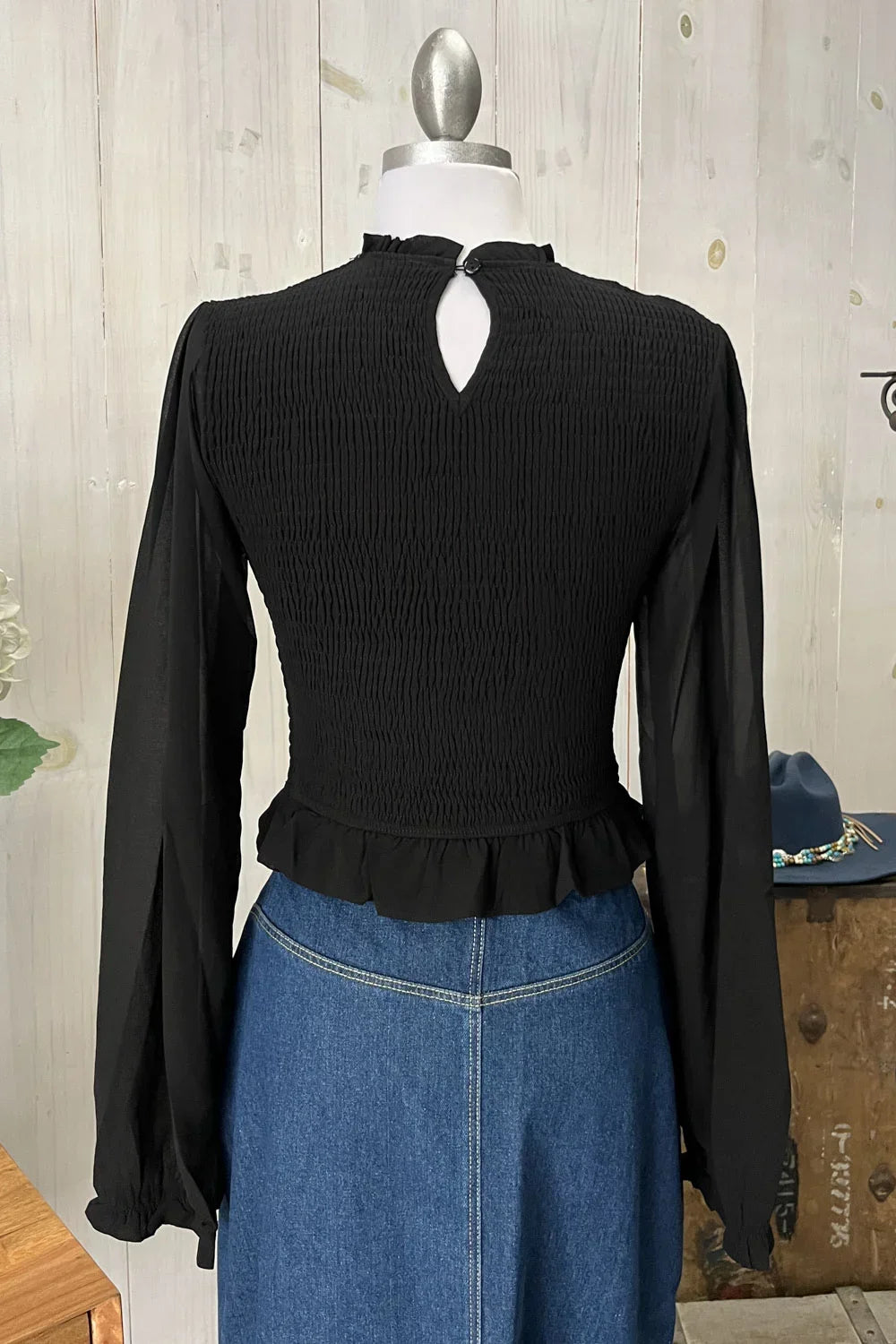 Smocked Long Sleeve Sheer Crop Top Trendy Boutique Fashion Top