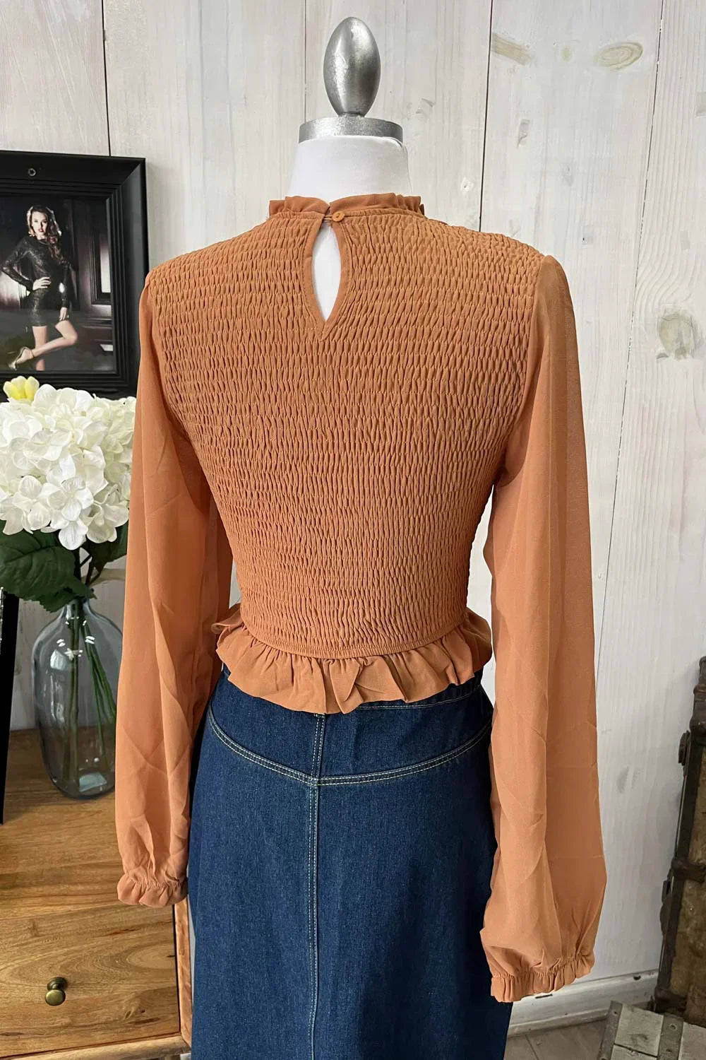 Smocked Long Sleeve Sheer Crop Top Trendy Boutique Fashion Top